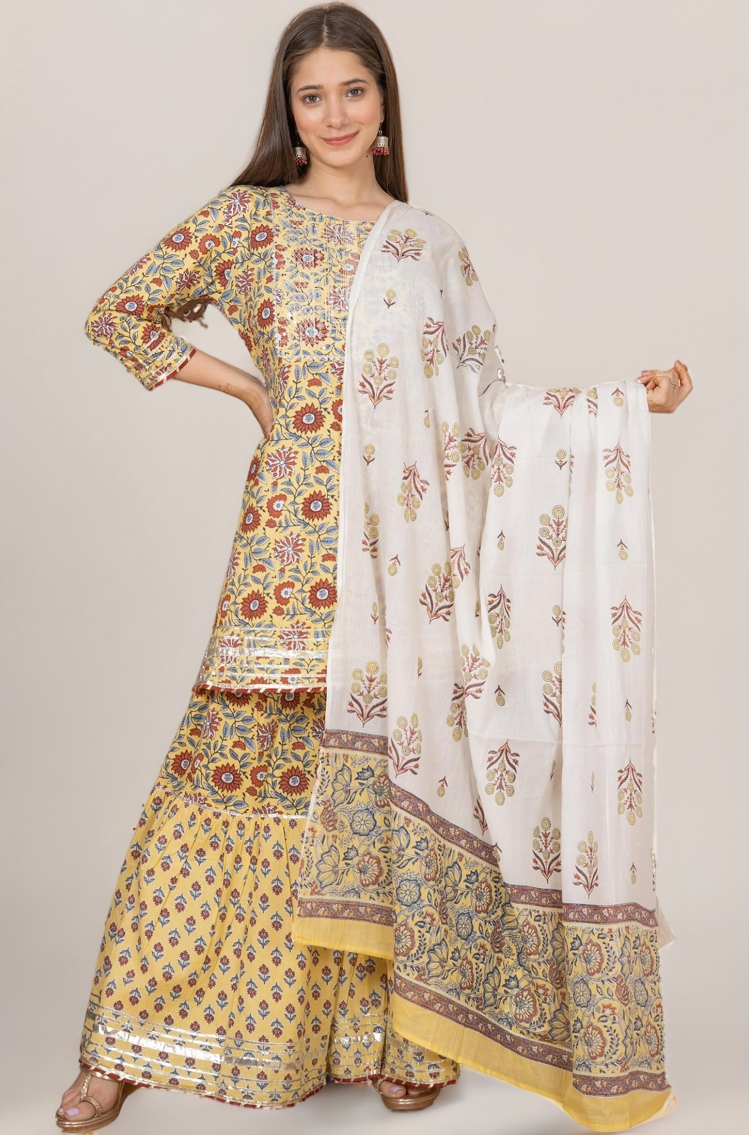 MEERA FAB Women Cotton Festive Embrodriery Printed Kurta With Sharara & Dupatta