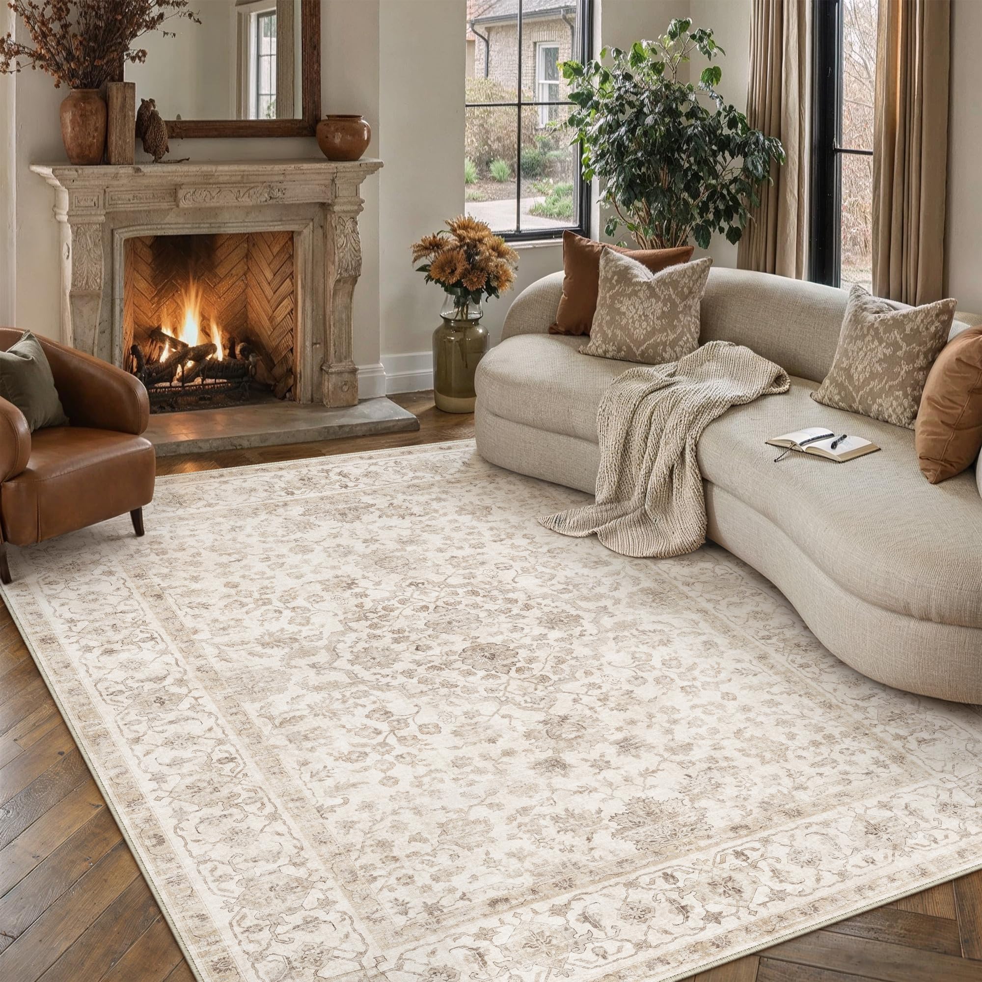 PureCozy Vintage Teppich Wohnzimmer 200x300cm Beige Waschbar Rug | Groß Teppiche,Waschbarer,Rutschfest,Weich Kurzflor,für Wohnzimmer,Schlafzimmer,Esszimmer,Büro