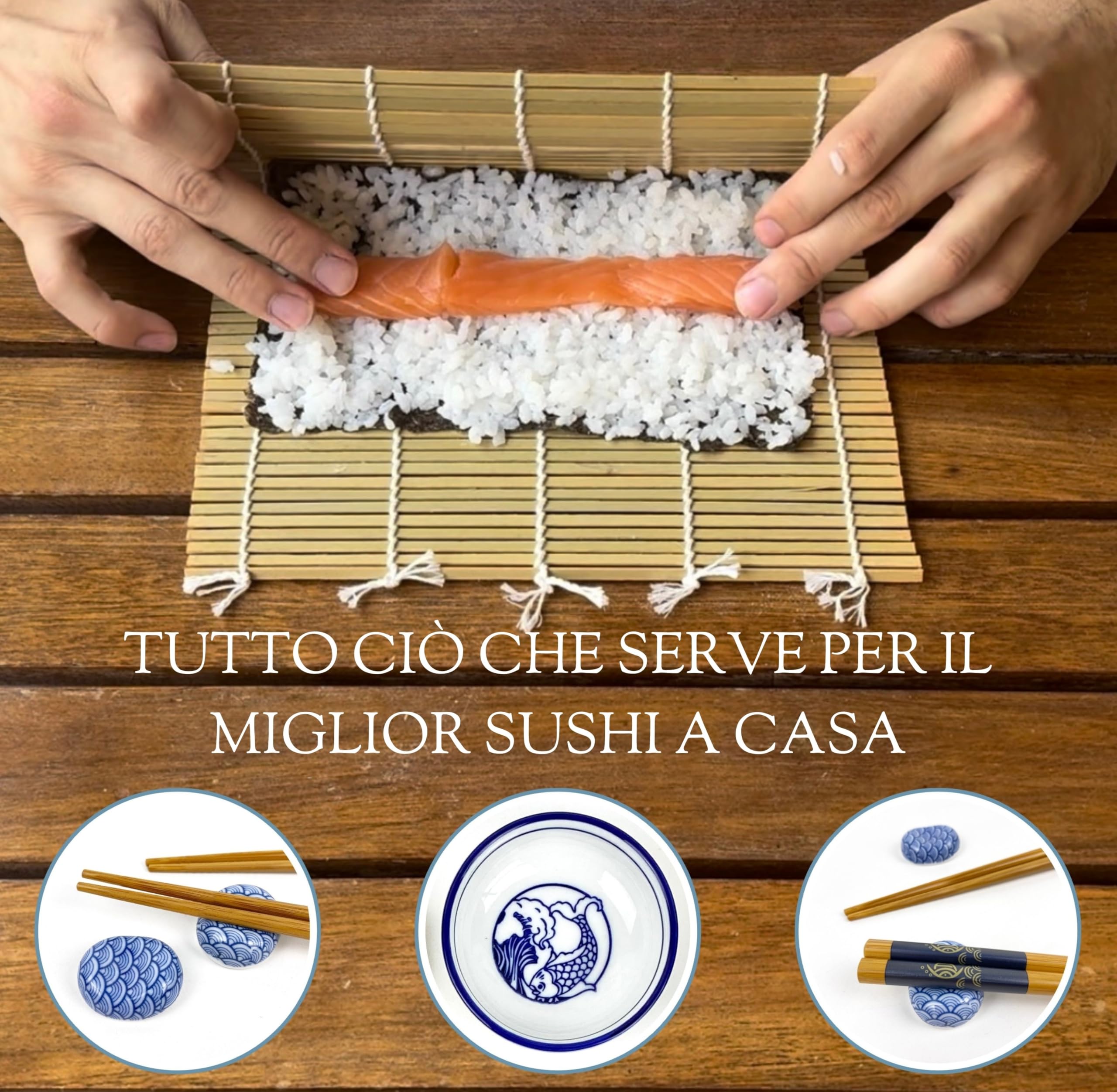 UMAI Kit Sushi | Kit per creare sushi a casa | Set 2 tappetini Sushi + Paletta + 2 set di bacchette + 2 ciotole soia + 2 supporti bastoncini + QR con ricettario
