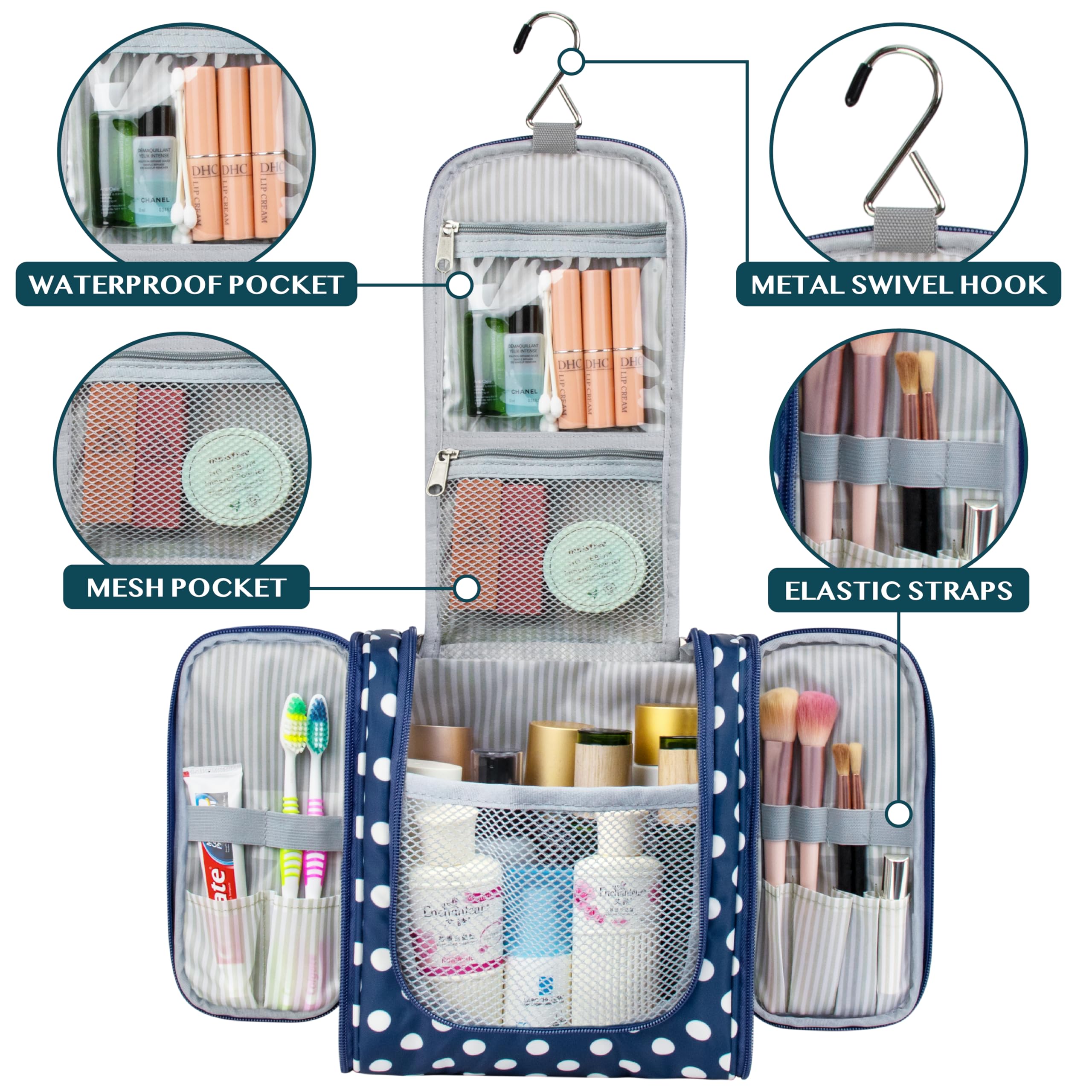 PAVILIA Beauty case da viaggio da appendere per donne e uomini, organizer per articoli da toeletta da bagno, blu navy, M, Beauty case