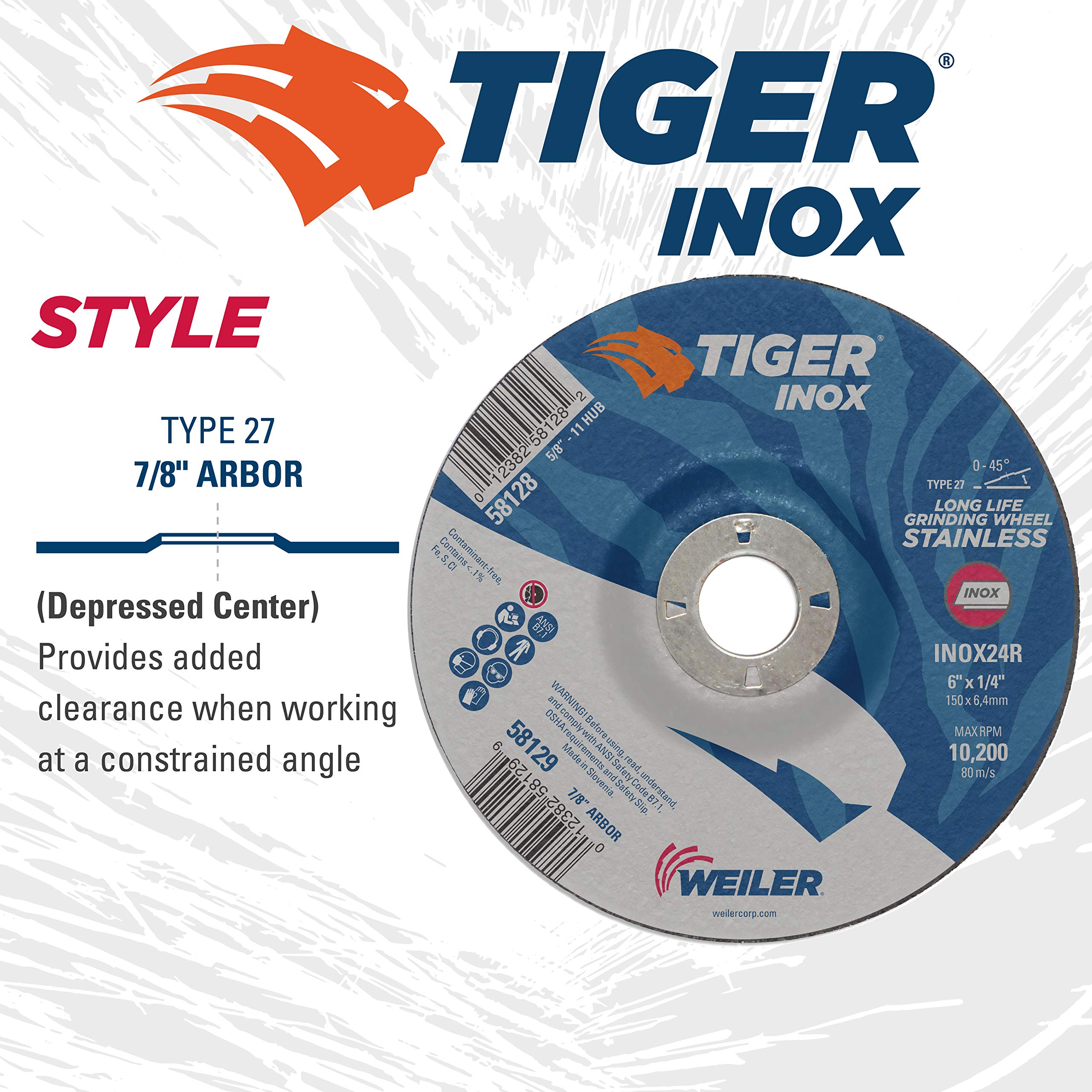 Weiler 58129 6 X 1/4 X 7/8 AH INOX24R Tiger® INOX Type 27 High Performance Grinding Wheel - View #11