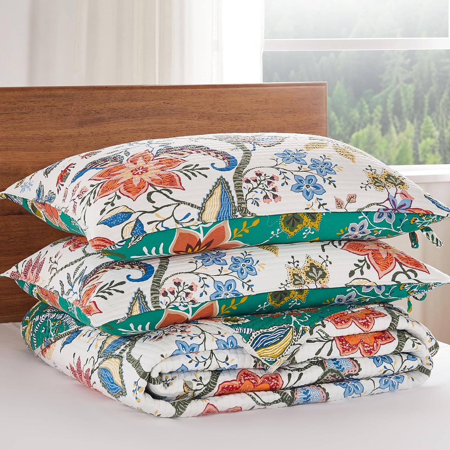Levtex Home - Carmina Quilt Set - Full/Queen Quilt and Two Standard Shams - Floral Vines - Off White Red Orange Blue Green - Quilt (88x92in.) and Shams (20x26in.) - Reversible - Cotton