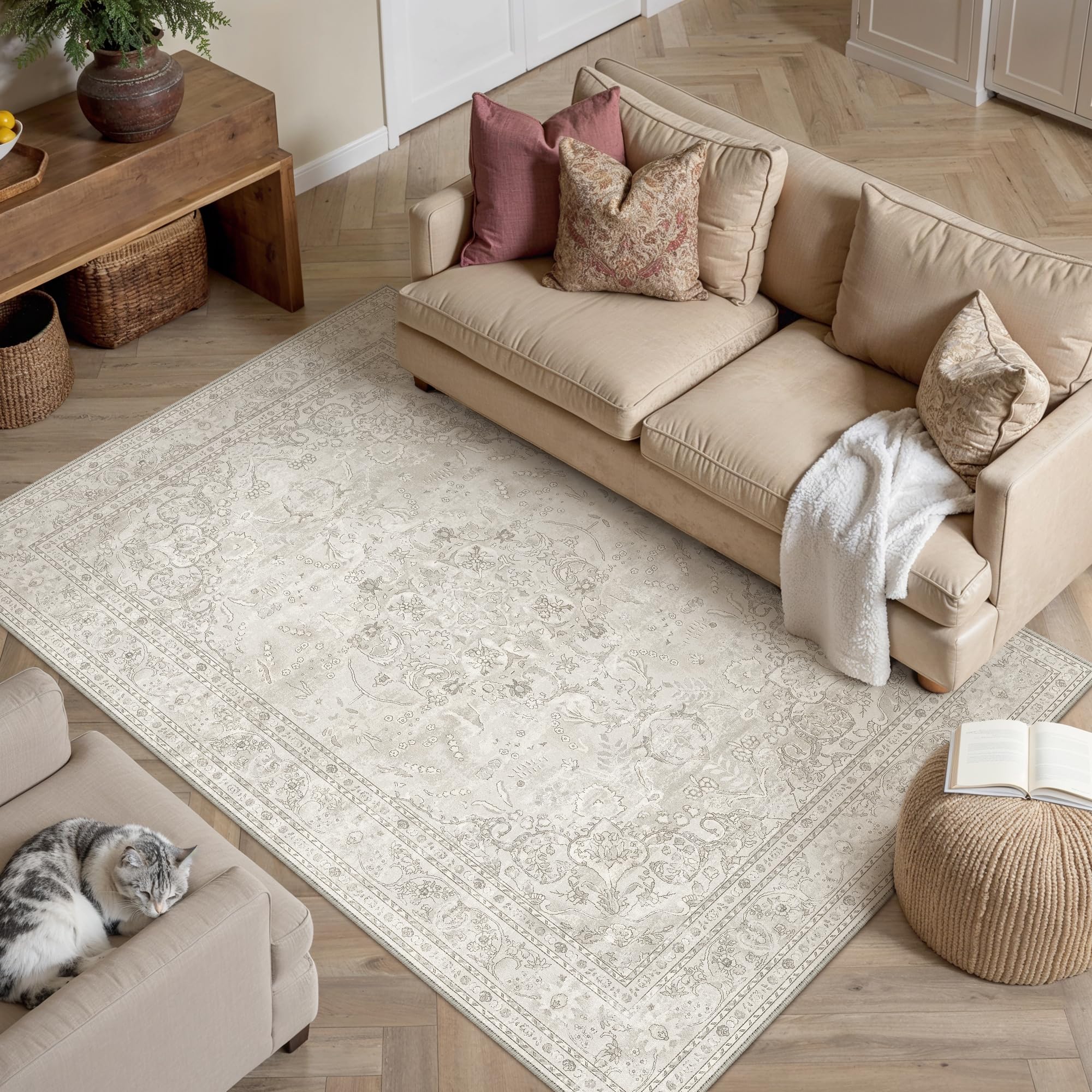 PureCozy Vintage Teppich Wohnzimmer 120x170cm Beige Waschbar Rutschfester | Waschbarer Retro Teppich,Weich,Rutschfest Kurzflor Rug,Groß,für Schlafzimmer, Esszimmer,Büro,Carpet,Teppiche