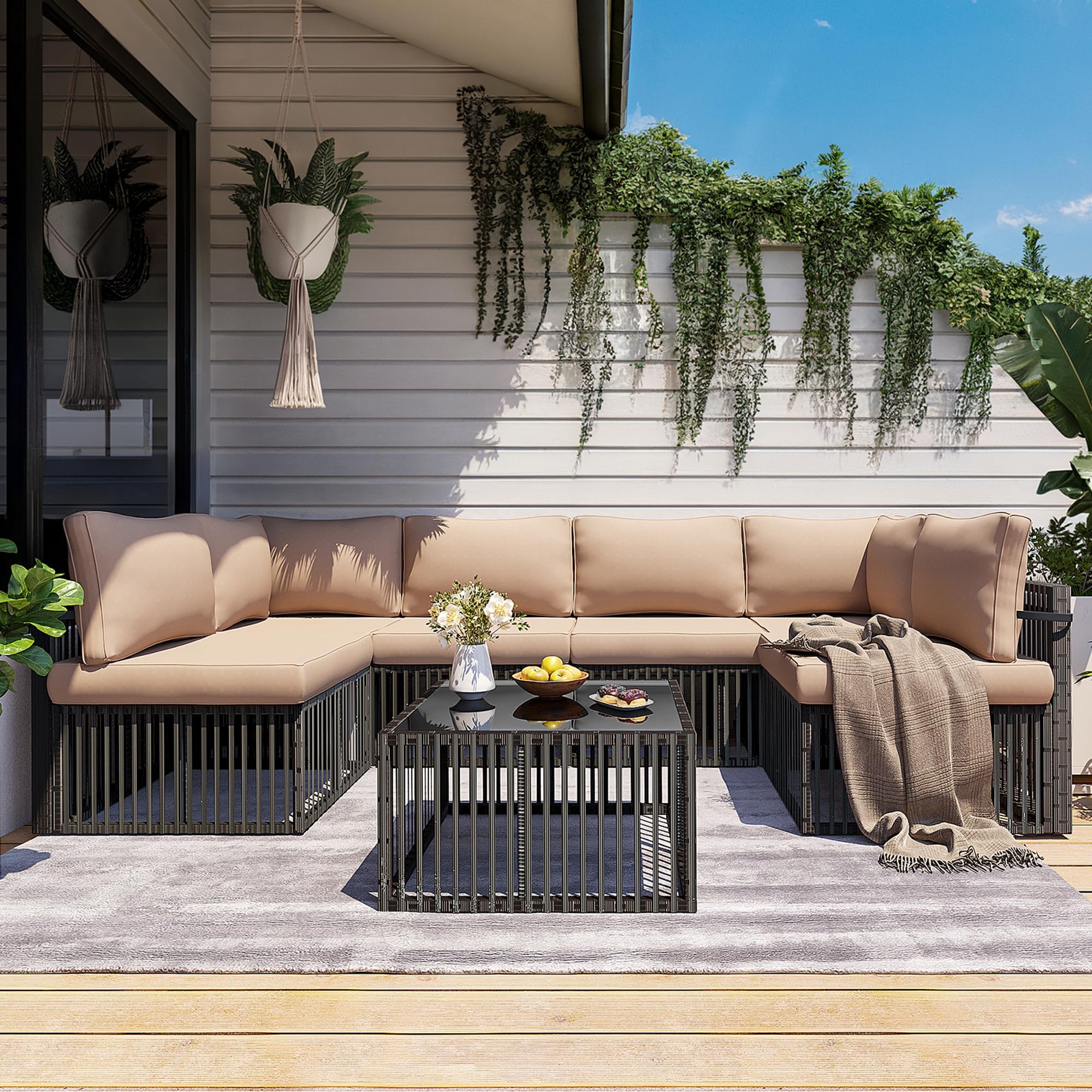 Photo 1 of Pamapic 7-Piece Outdoor Sectional Set, Large Wicker Patio Furniture Set with Coffee Table and Washable Cushions Covers, All-Weather Patio Sofa Conversation Set for Backyard, Poolside, Garden