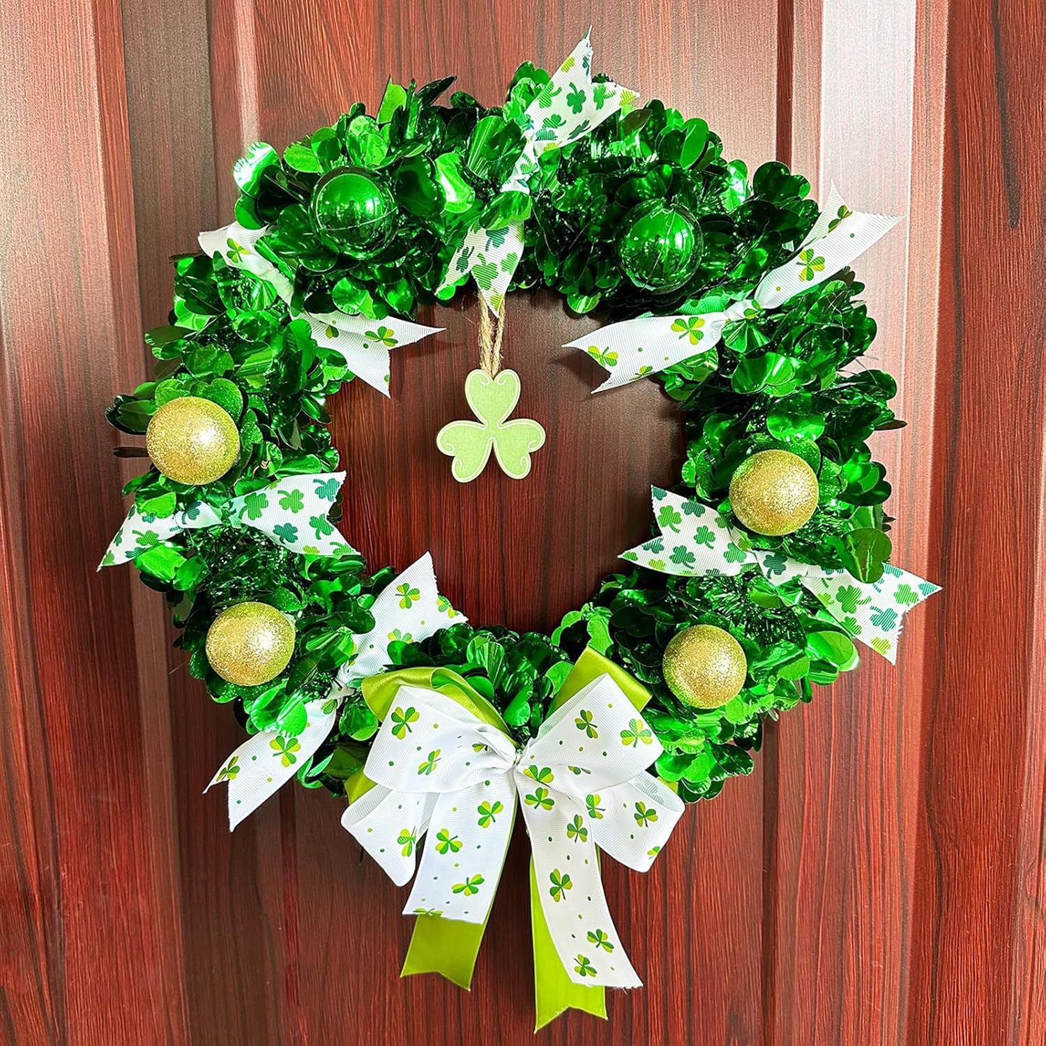 ドア人工花輪装飾壁、 クローバーリース 吊り下げ式人工グリーンリーフリース フロント