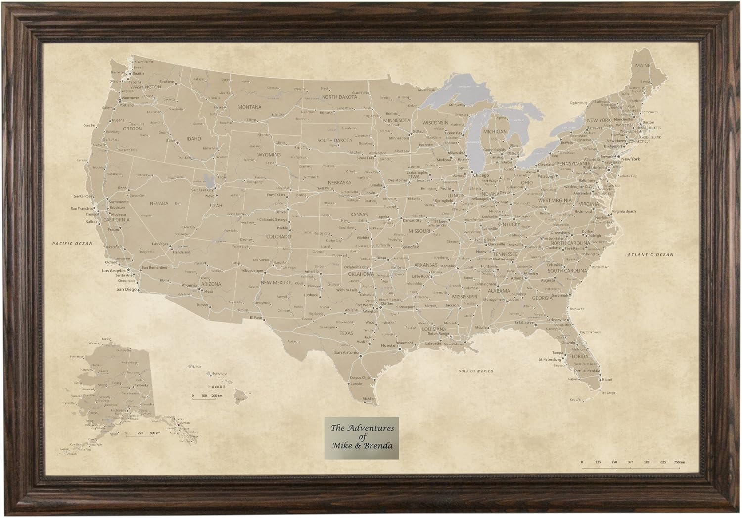 Personalized Vintage USA Push Pin Travel Map with Brown Frame