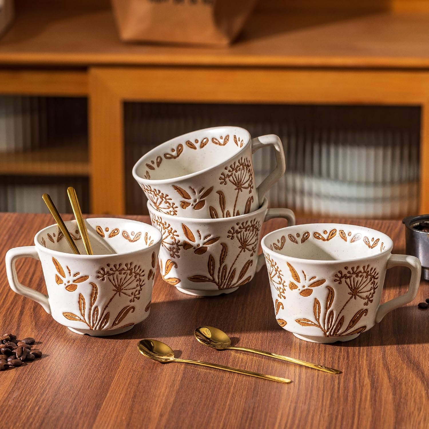 Ceramic Mugs 11 oz Unique Luxurious Cups Set of 4 with Premium Spoon, Mug for Coffee Milk Latte Cappuccino Tea, for Office Home Dishwasher Microwave Freezer Safe, Birthday Gift, Stoneware - Image 4