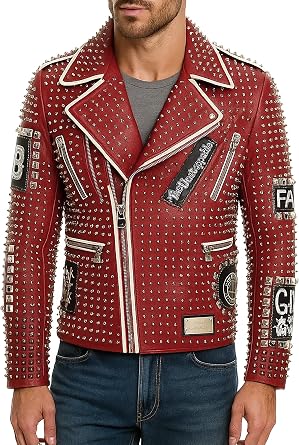 LP-FACON Mens Rock Punk Studded Leather Jacket - Brando Motorcycle Black Biker Leather Jacket Motorbike Spike Outerwear