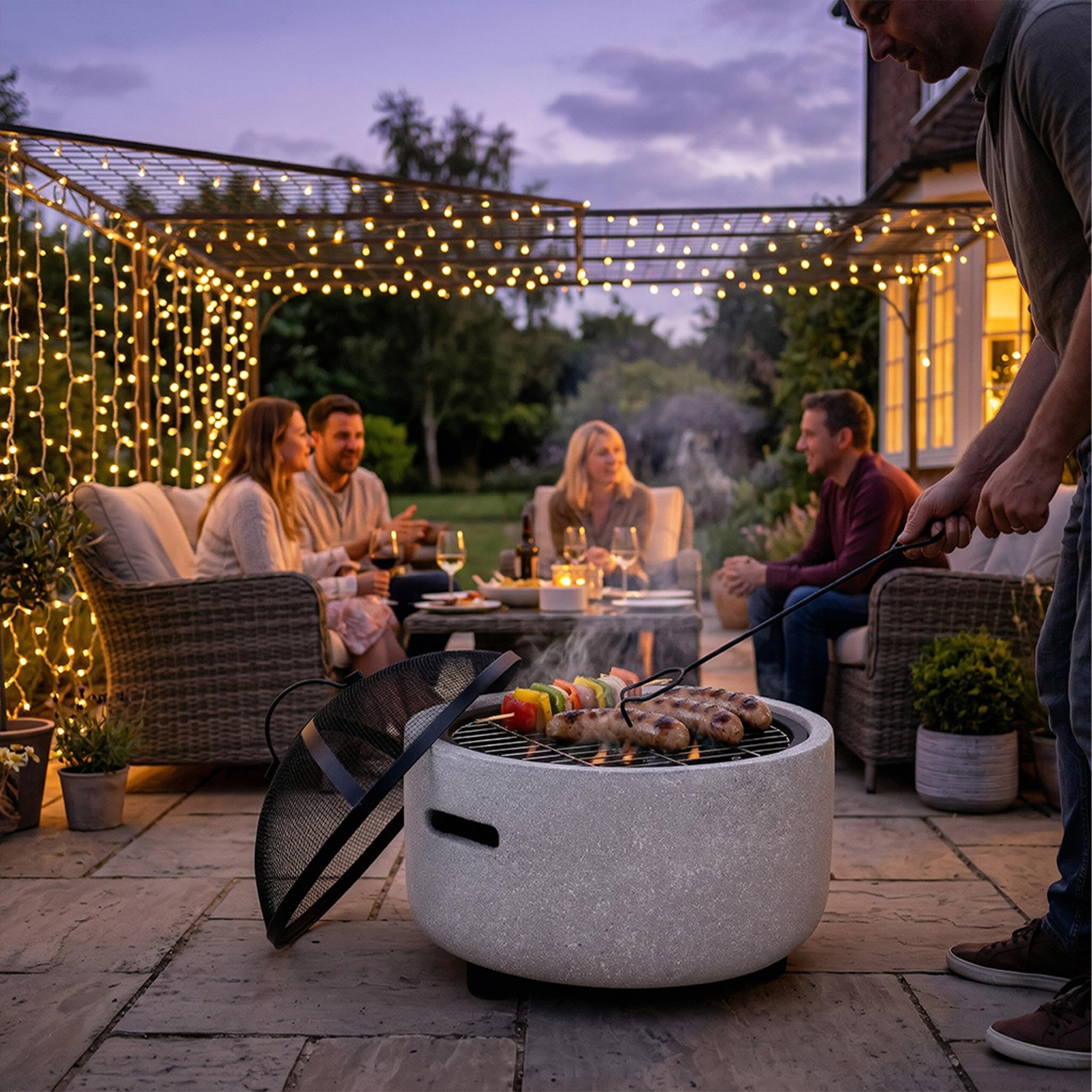 Relaxdays Feuerschale, Ø Schale 44 cm, Funkenschutz, grau/schwarz | Schürhaken, Steinoptik, Stahl, Feuerstelle Garten