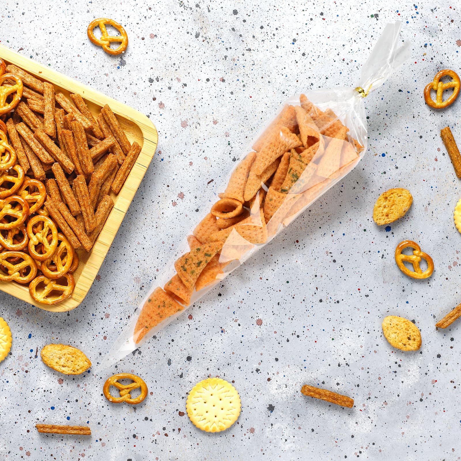 100-Pack Cone Shaped Treat Bags 7x15 Inch - Clear Cellophane Popcorn Bags With Twist Ties