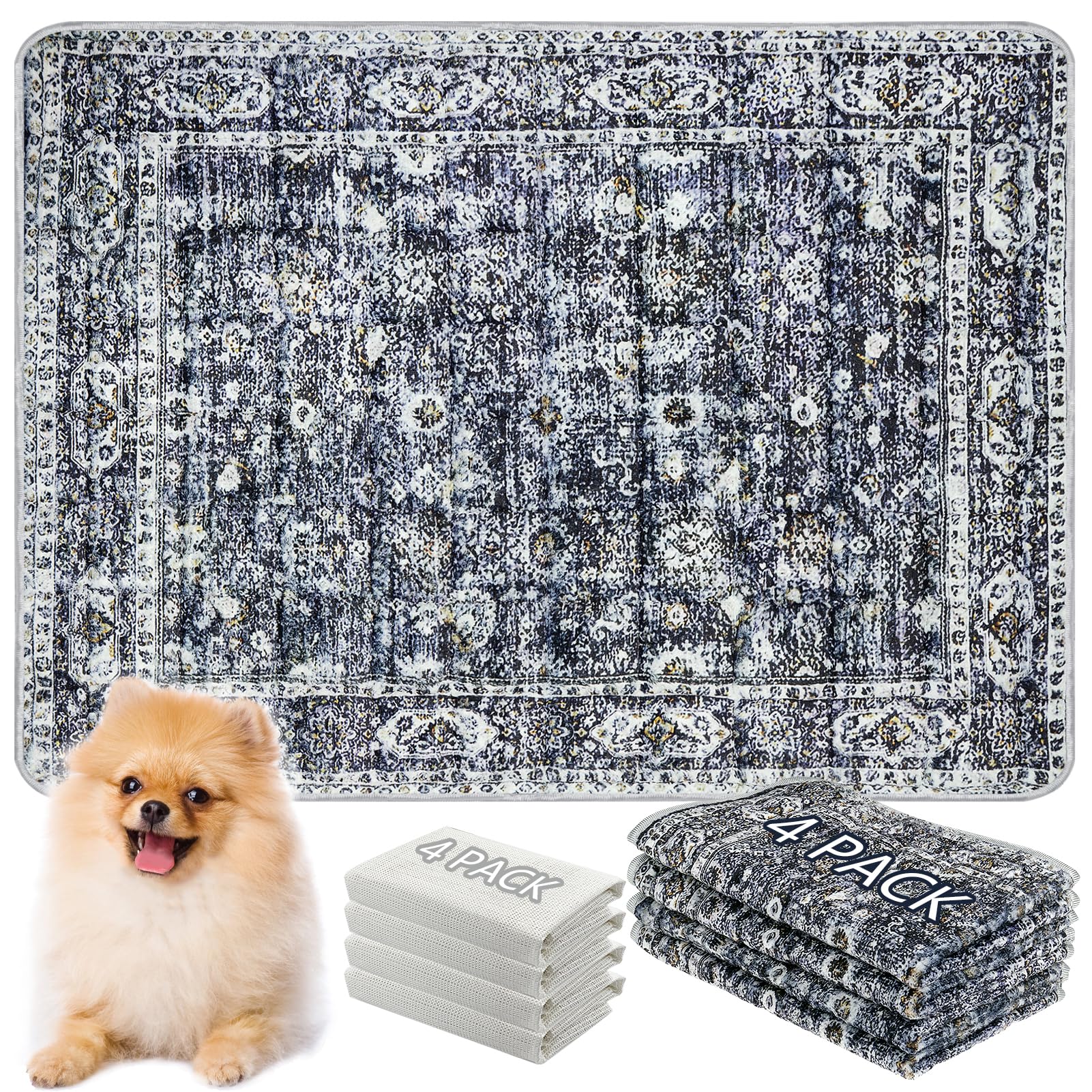 AIHSUMC Washable Thickened Pee Pads for Dogs, 4 Pack (18"x24") Upgrade Reusable Puppy Pads with Non-Slip Rug, Super Absorbent Leakproof Puppy Training