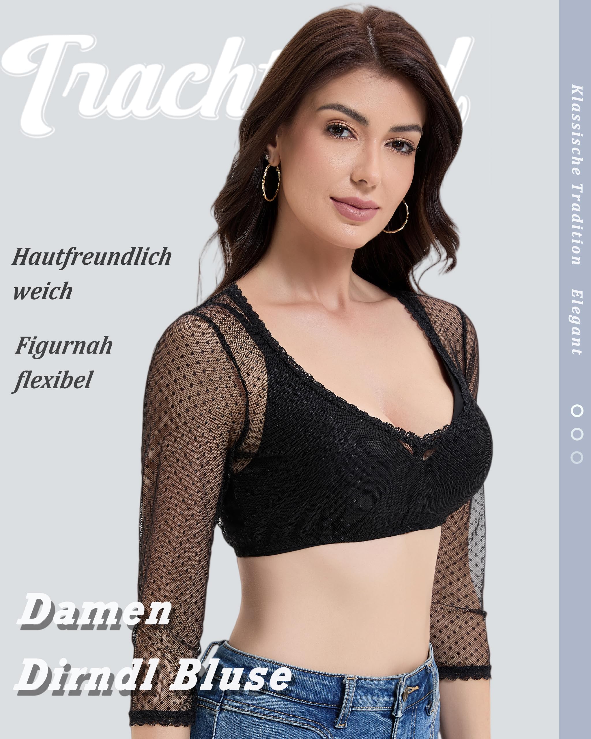 Camicietta Dirndl Donna Manica Lunga per Costume Tradizionale Oktoberfest Elegante Trasparente con Scollo a V Nero Taglia 34-44