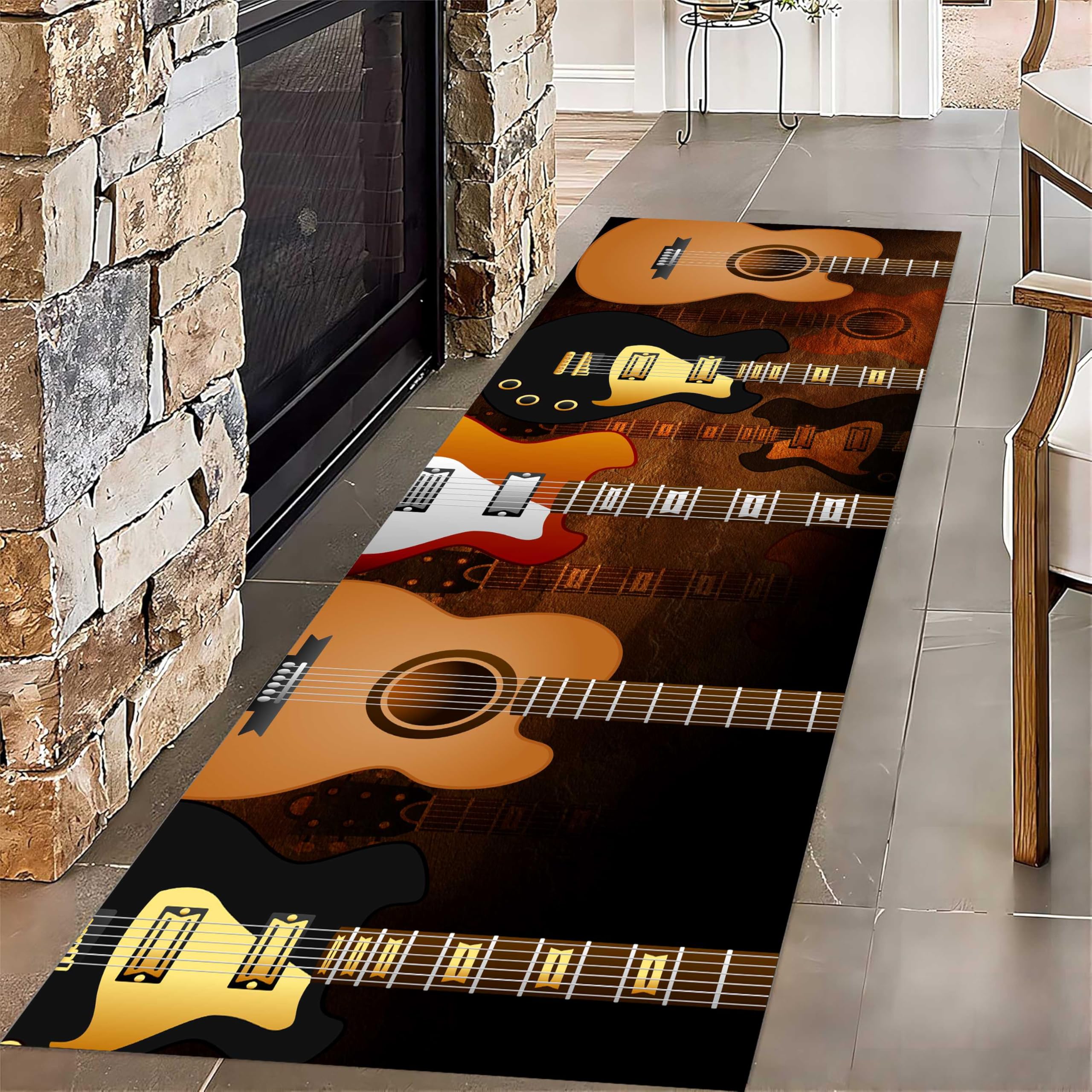 Guitar Runner Hallway Rug, 2x6ft Colorful Gradient Fashion Electric Guitar Design Pattern Rug, Non-Slip Living Room Floor Mat Music Atmosphere