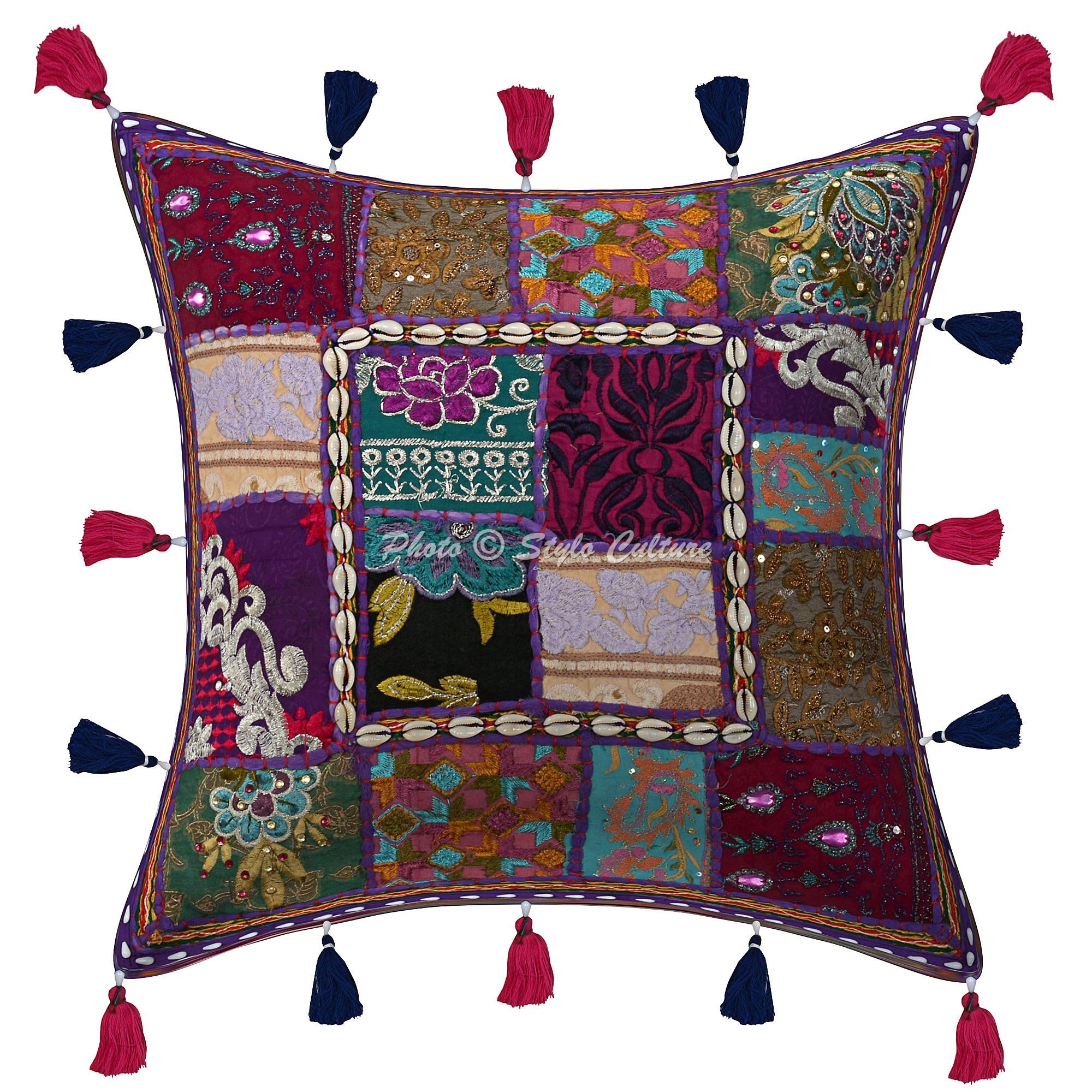 Ethnisch Dekorativ Baumwolle Couch Kissenbezüge 40x40 cm Lila Dekokissen Gesticktes Patchwork Schlafzimmer Sofa Kissen Bezüge Blumen Quadrat Umschlagverschluss Kissenhullen - 4 STK.