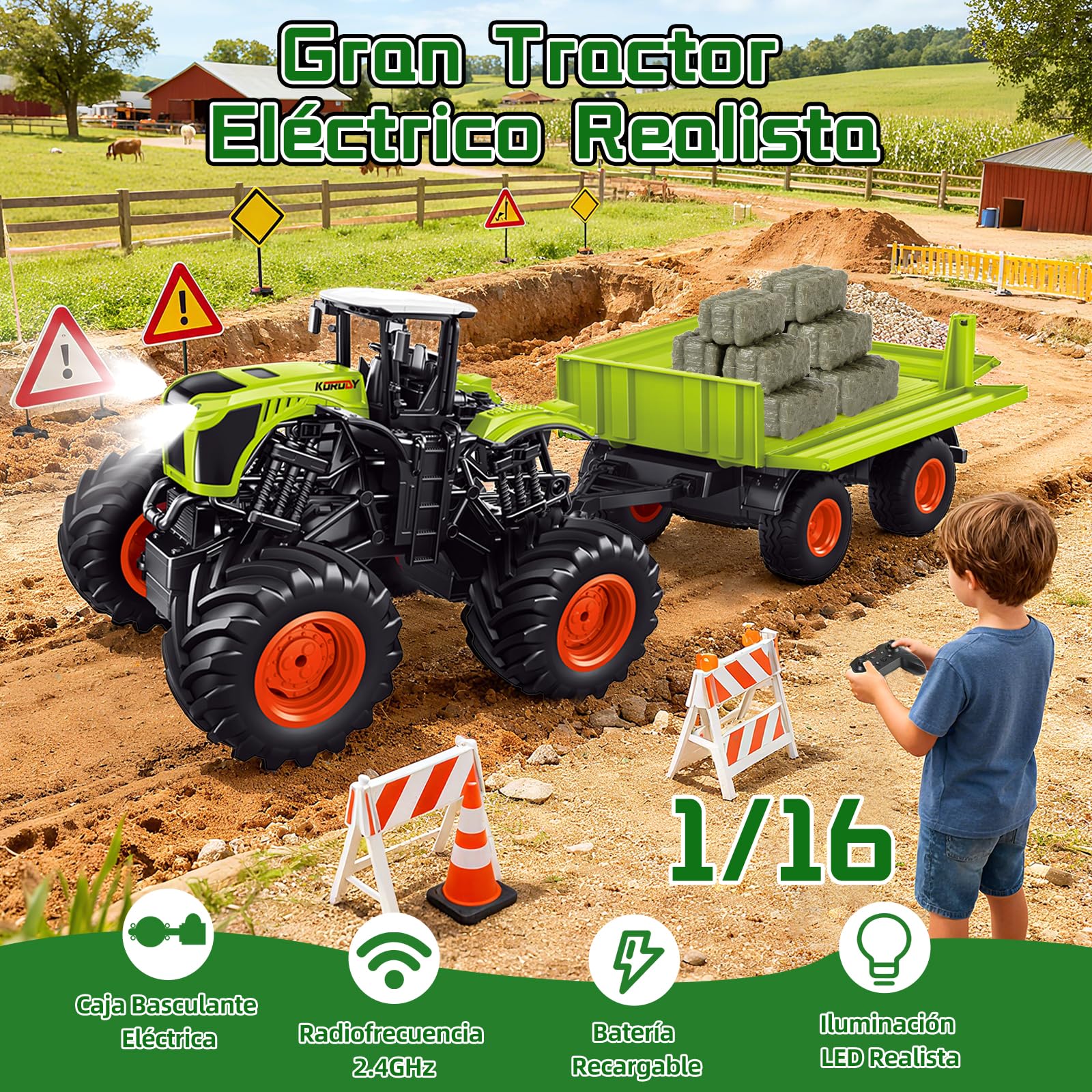 Ulikey Tractor Teledirigido para Niños, 1:16 2,4 GHz Tractor RC Juguete con Mando, Remolque, Vaca, Ovejas, Heno para Niños 4, 5, 6 Años