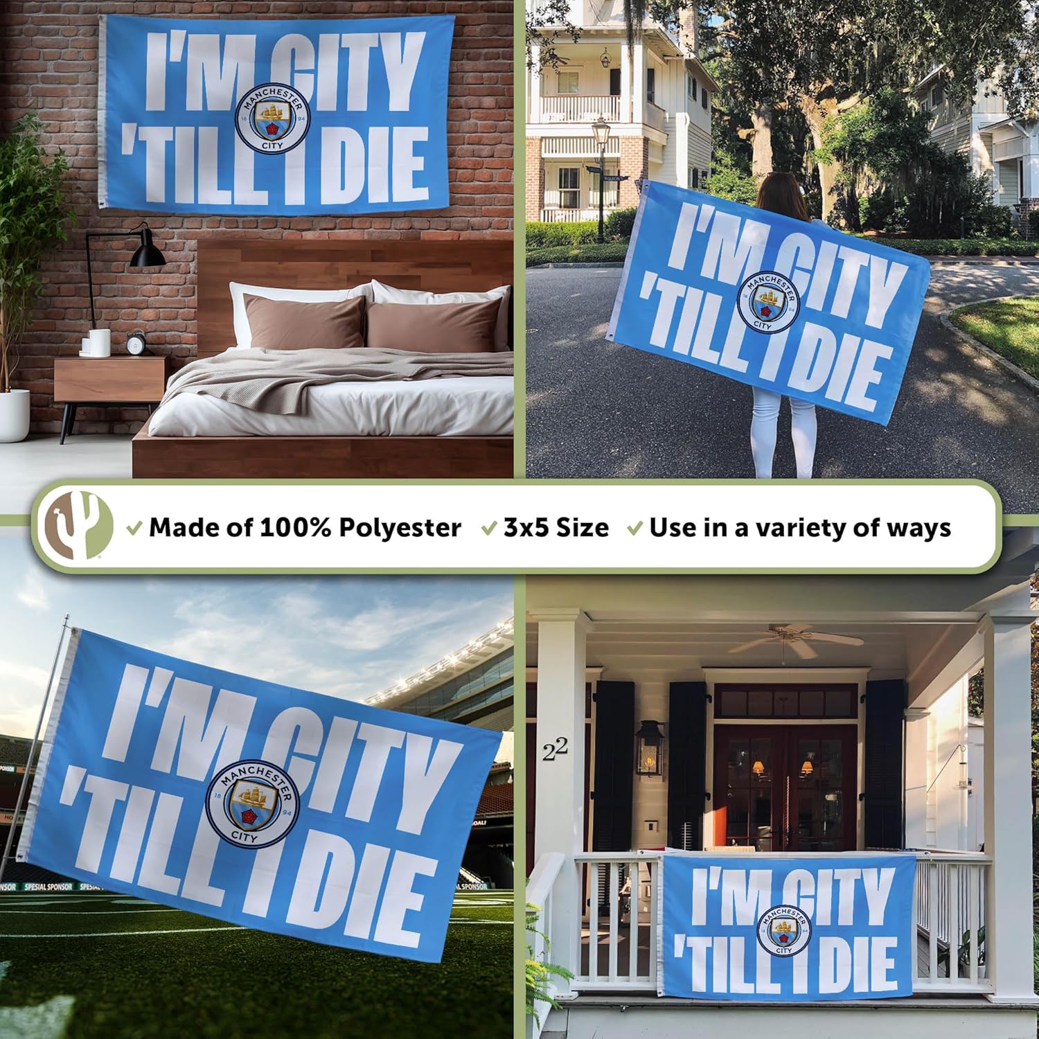 Desert Cactus Manchester City FC 100% Polyester Indoor Outdoor 3x5 feet Banner Man City MCFC Football Soccer (Flag H)