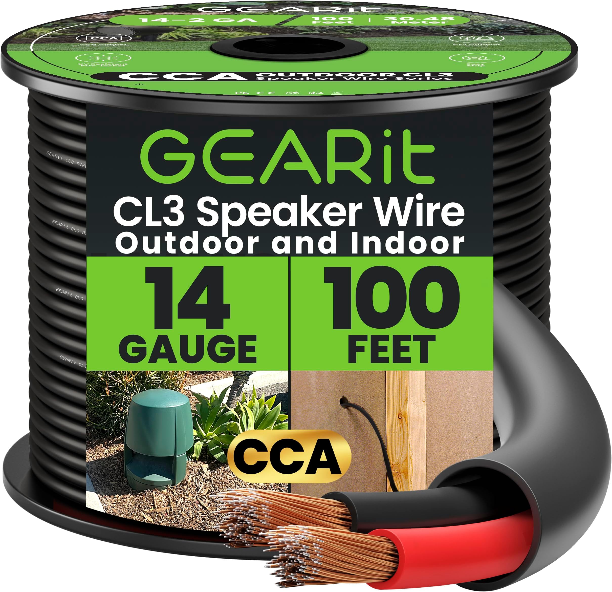 GEARit 14 Gauge Speaker Wire Cable,14 Gauge Wire CL3 Rated 100ft,Audio Cable with Red/Black Color Coded,Outdoor Speaker Wires for Home,Car,Outdoor,Patio,Garden,In-Wall,Backyard,CCA(Black,2-Conductors)