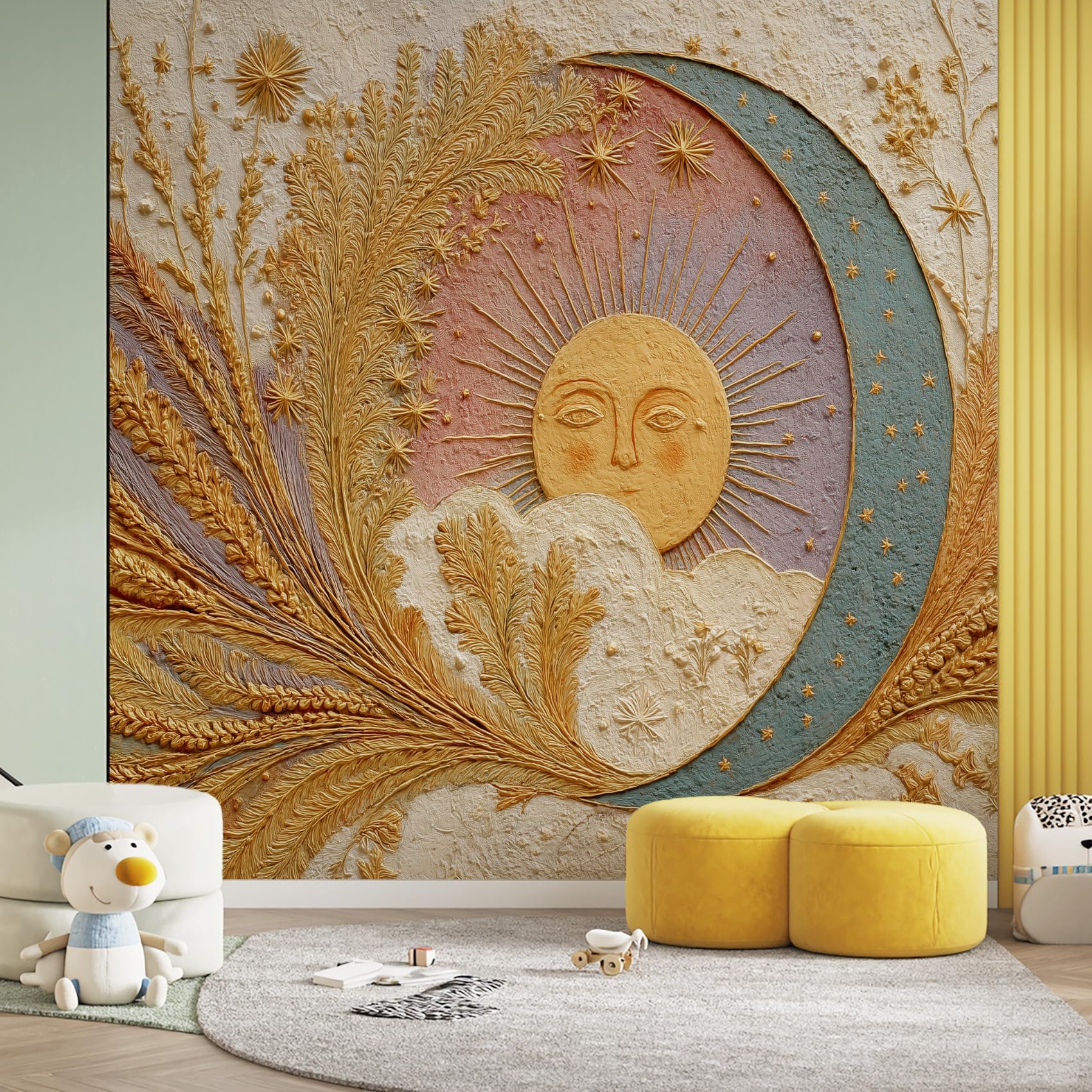 Papier peint blé phase de la lune pour une chambre parentale cosy