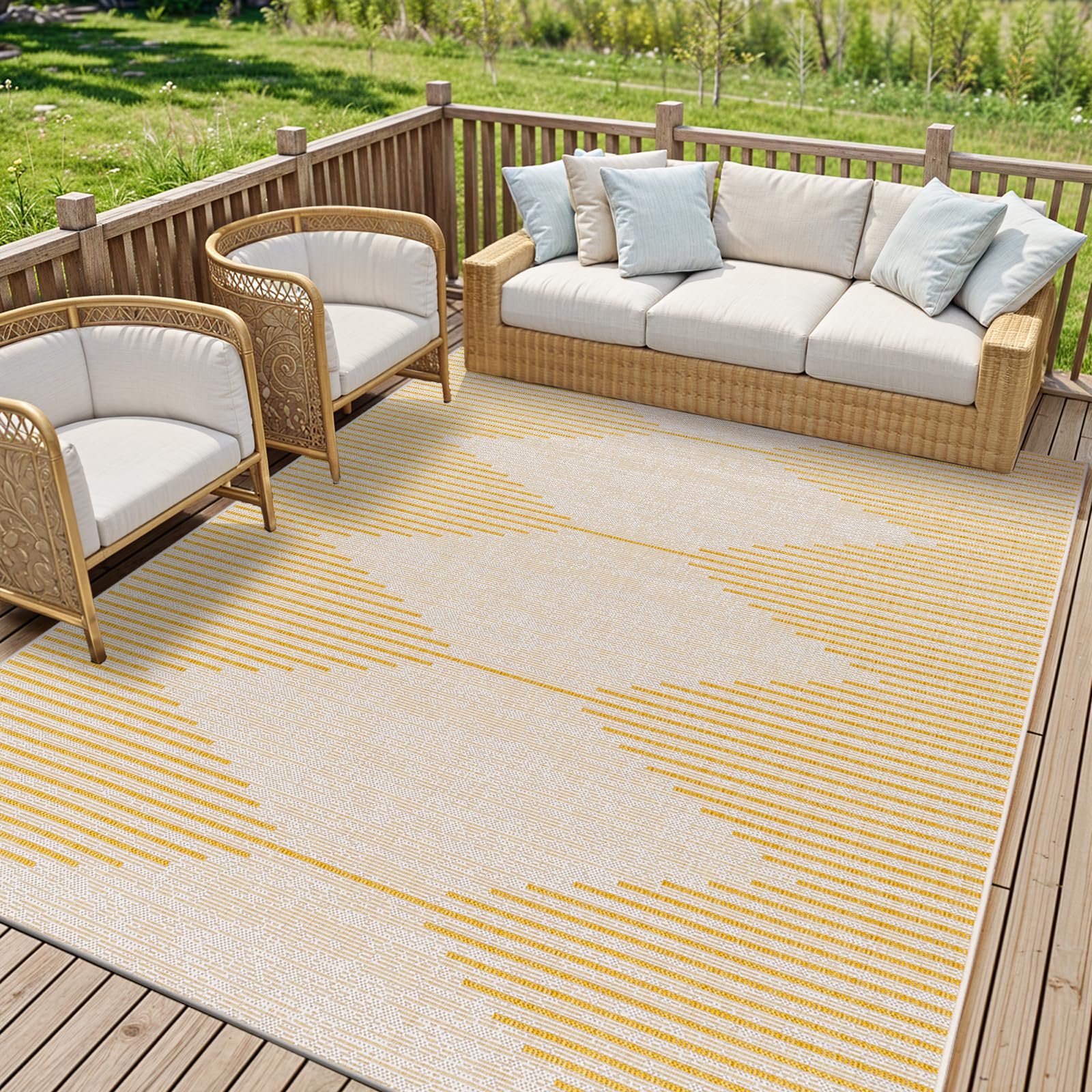 Livabliss Dolly Sevilla Indoor Outdoor Carpet 200x275 cm, Living Room, Dining & Kitchen, Waterproof, Stain Resistant, Durable Boho Style, Mustard Ivory