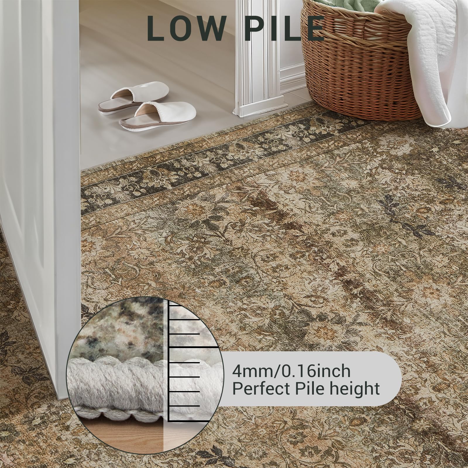 Boho Teppich Für Eingangsbereich – Waschbar, Rutschfest, Vintage-Druck, Niedriger Flor