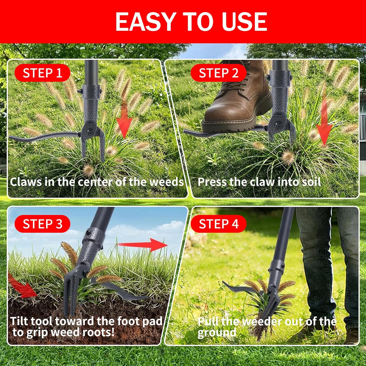 Weeder - Stand Up Weed Puller Tool Made with Long Handle - Real Bamboo & 4-Claw Steel Head, Easily Remove Weeds Without Bending, Pulling, or Kneeling.