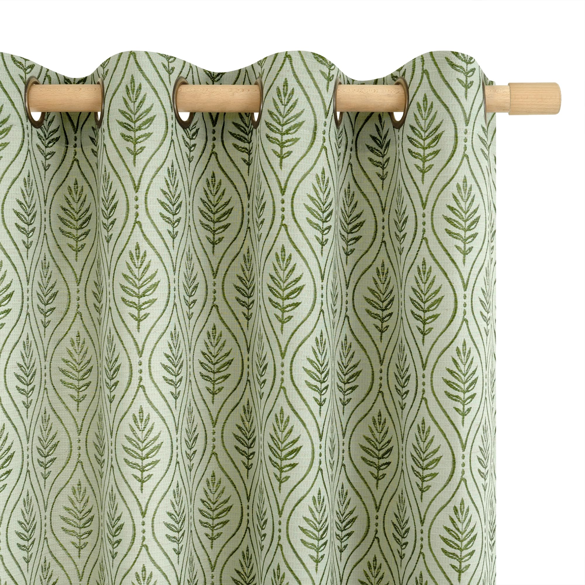 BGment Olive Green Curtains for Spring Themed Room Decor, Botanical Jacquard Leaf Pattern Vintage Window Light Filtering Boho Sheer Linen Curtains for
