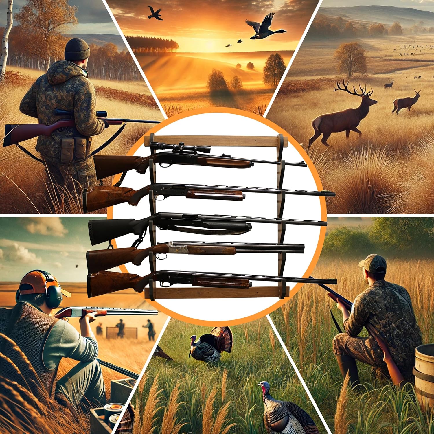 Rush Creek Creations Indoor Wood Wall Gun Rack for up to 5 Rifles or Shotguns, 5-Gun Wall-Mount Long Gun Display Rack with EVA Padded Grooves and Mounting Hardware, Dark Walnut