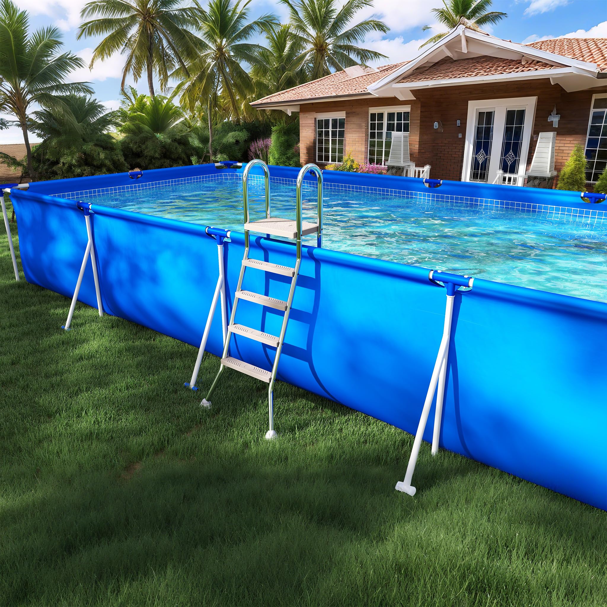 Scala per piscina in acciaio inox con corrimano, piattaforma antiscivolo e piedini in gomma, 4 gradini, per piscina, scale, carico 150 kg, per piscina e barche (altezza 189 cm)