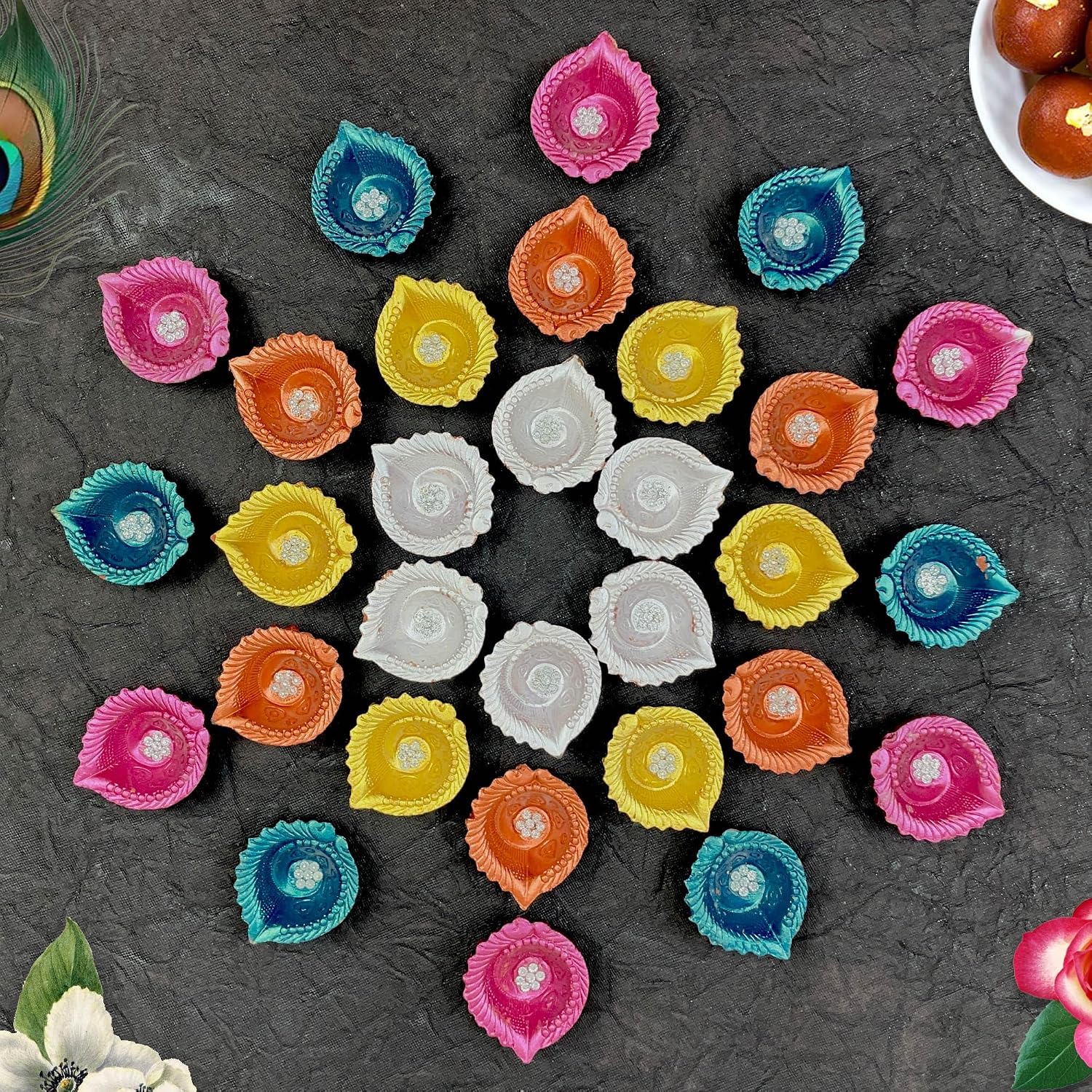 KSJONE Pack of 30 Diwali Diya - Earther Clay Diya Colorful Handmade - Diyas Diwali Gift Items for Family Friends Corporate -Diya for Pooja - Diwali Decoration