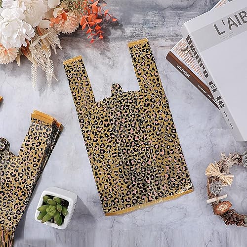 Miniatura 4 de Outus 50 bolsas de plástico con estampado de leopardo para camisetas grandes con asas para negocios, tienda de comestibles, hogar, mercancía, venta