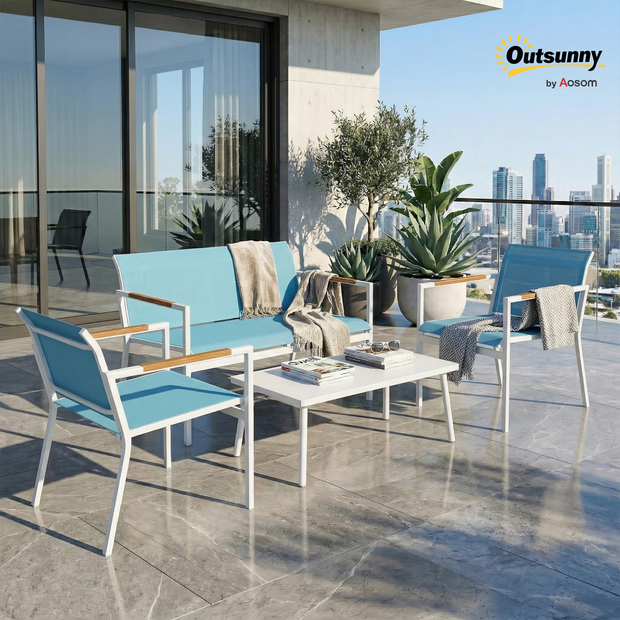 Outsunny Set Salotto da Giardino 4 Pezzi Salottino Esterno Blu | Texteline Traspirante, Divano 2 Posti, 2 Poltrone, Tavolino con Piano Metallo, Set Metallo per Patio