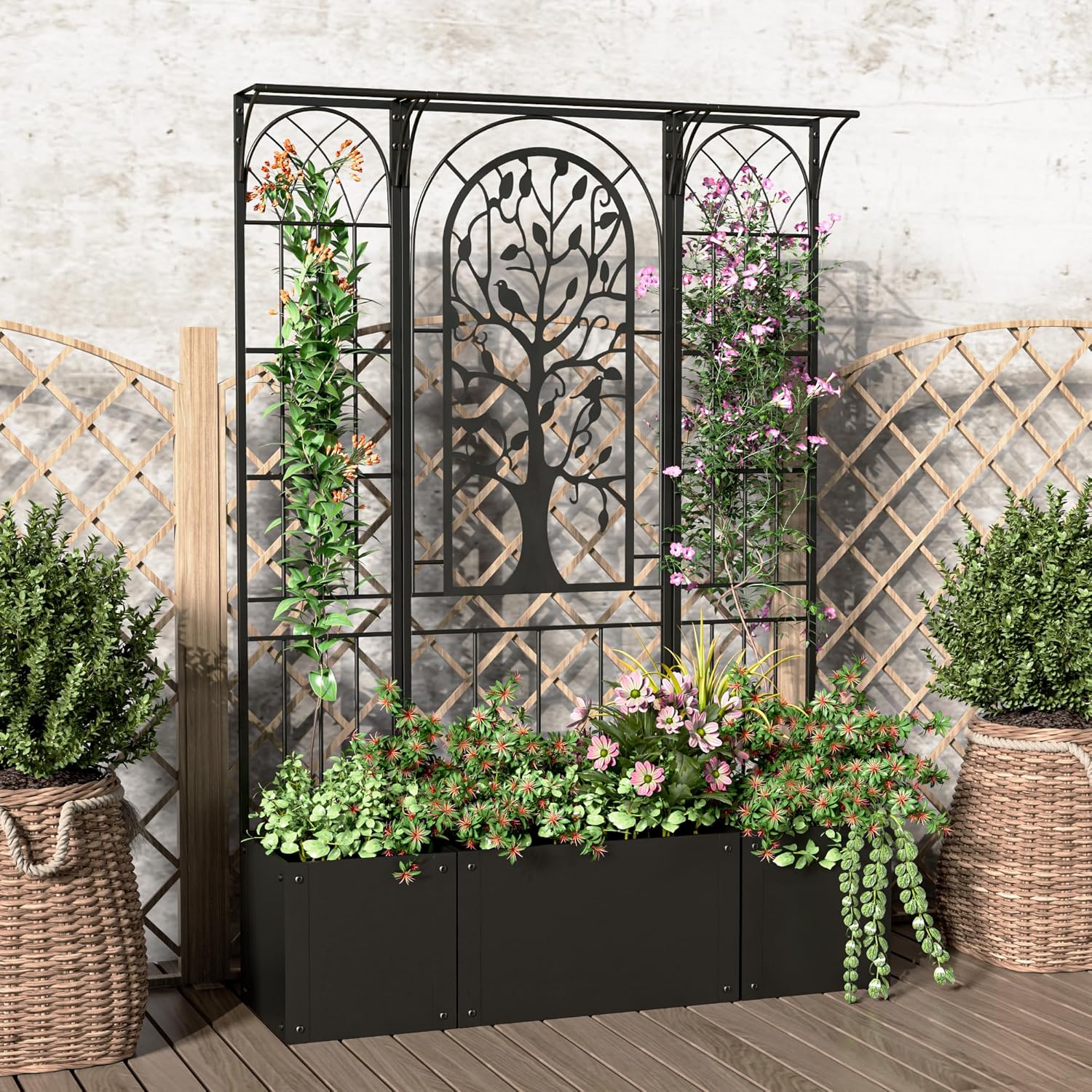 Metal Planter Box with Trellis, Raised Garden Bed with Trellis Privacy Screen, 62 inch Tall Planter Boxes for Climbing Plants, Flowers, Vegetables, Fruits, Balcony and Patio Decor (Black)