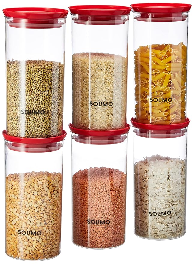 Solimo Plastic Storage Jar and Container Set I Air Tight & BPA Free Containers For Kitchen Storage Set I Grocery Kitchen Container Set I Multipurpose Jar, 1400 Ml Each, Set 6, Red