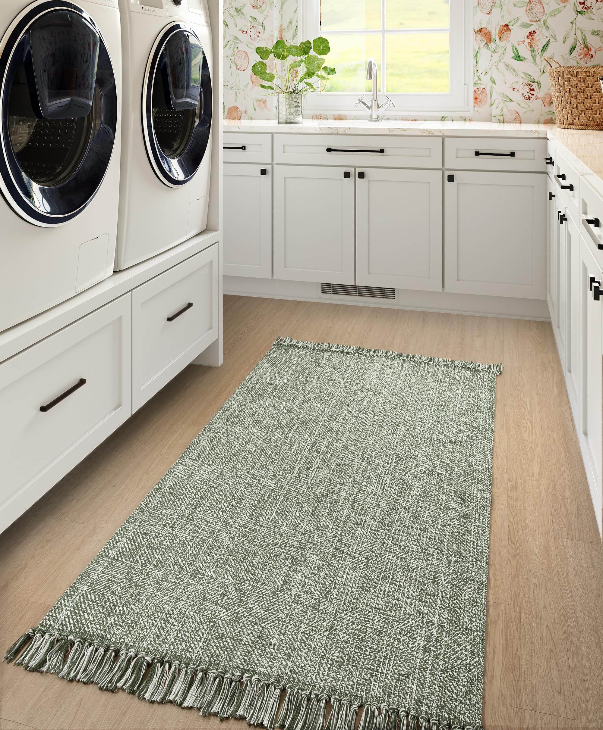 Collive Washable Area Rug 3' x 5', Modern Woven Kitchen Rugs, Olive Green/Cream Braided Cotton Rug Indoor Door Mat Throw Carpet for Entryway Living Room Nursery Mudroom Laundry Room