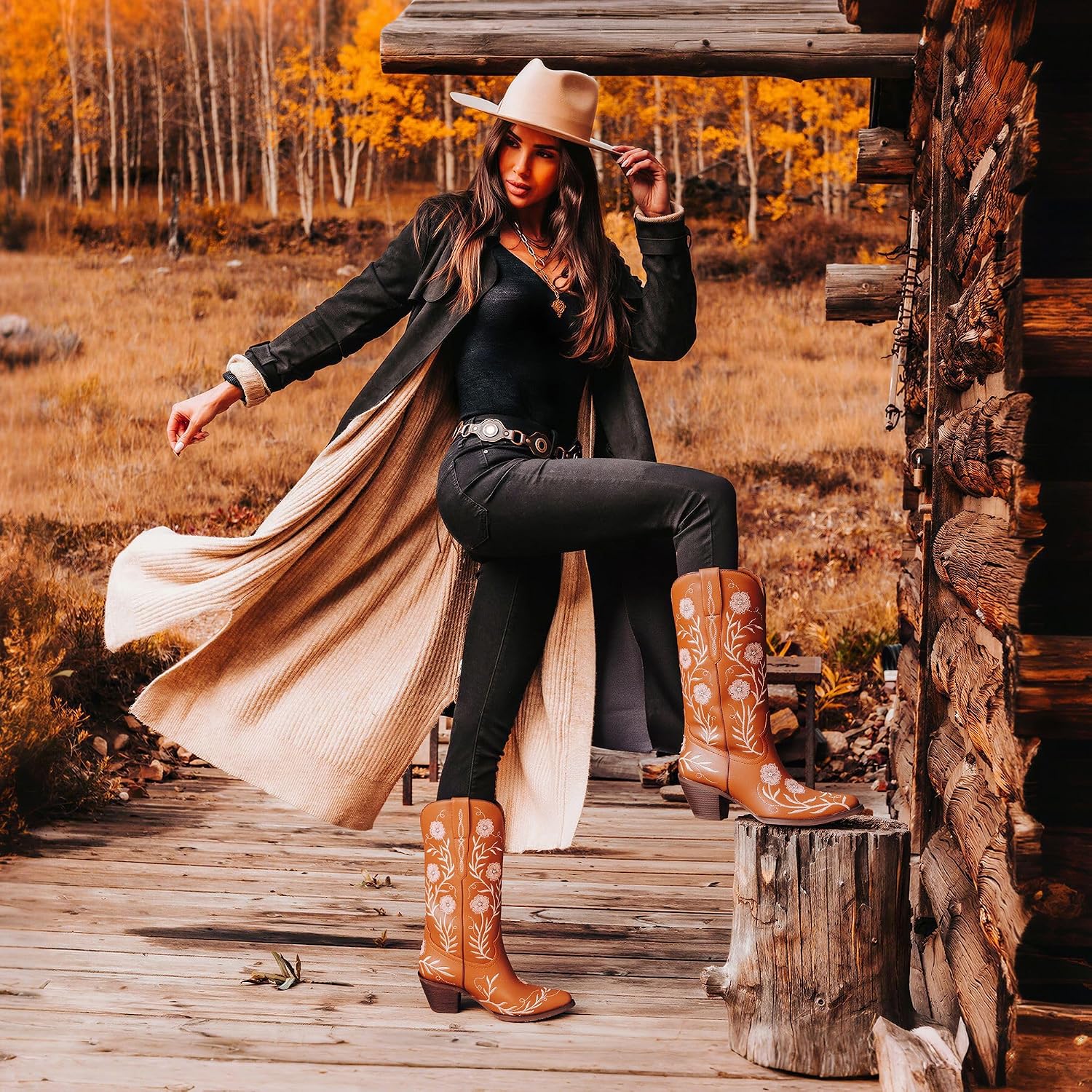 Goiphrri Womens Cowboy Boots Wide Calf Chunky Block Heel Pointed Toe Flower Embroidered Western Cowgirl Knee High Boots For Women Girl Ladies Tall Boot