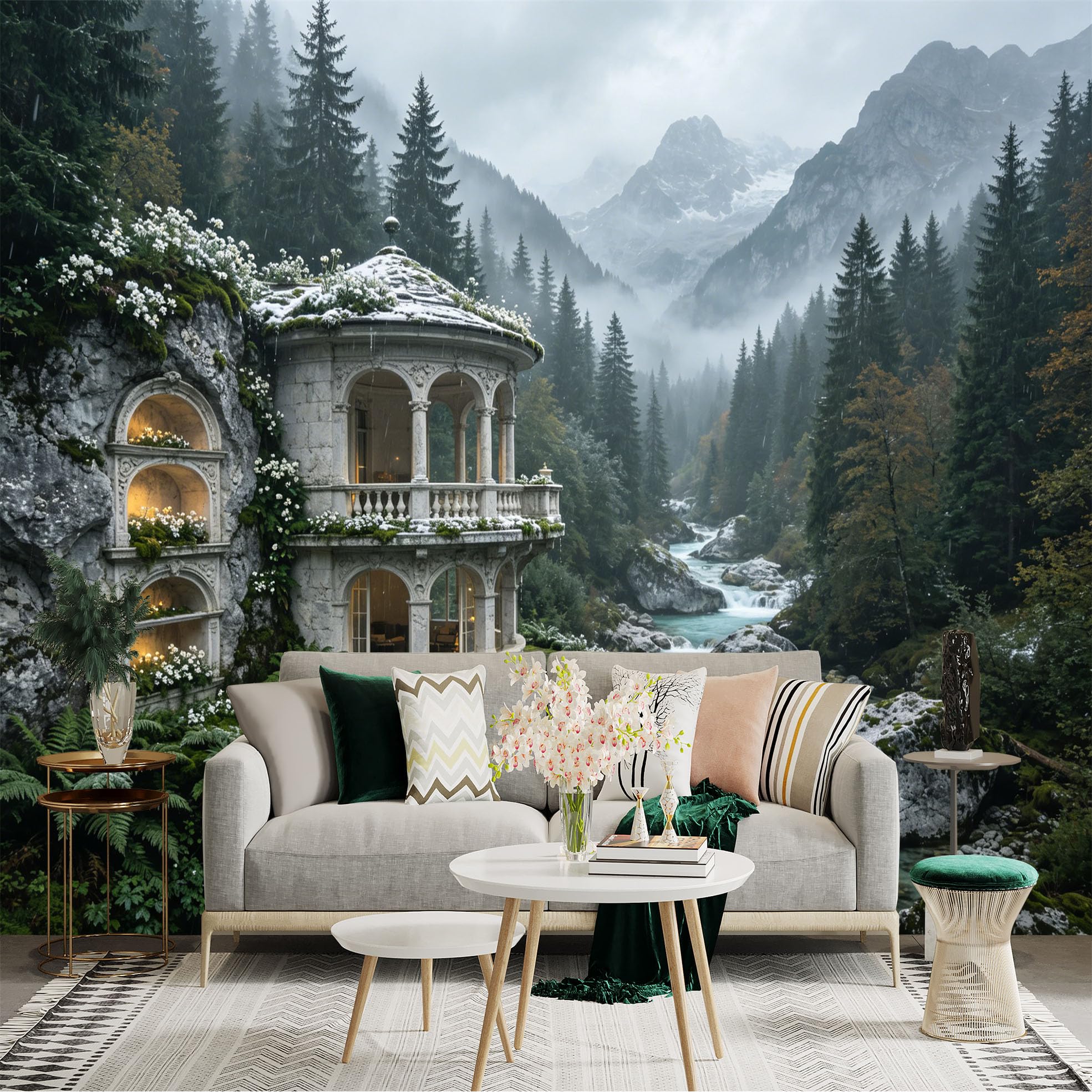 Custom Size Wall Sticker Mural， Misty Mountain River with Forest and Stone Villa， for wall Decoration， peelandstick wall Decals.