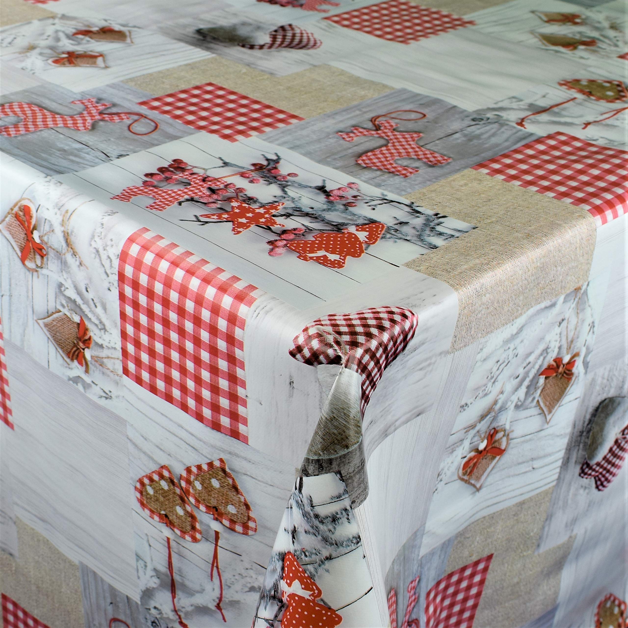 KEVKUS Tovaglia cerata al metro P8012-1 con motivo natalizio patchwork e cuori a scelta in forma quadrata ovale (bordo con nastro in plastica), 120 cm