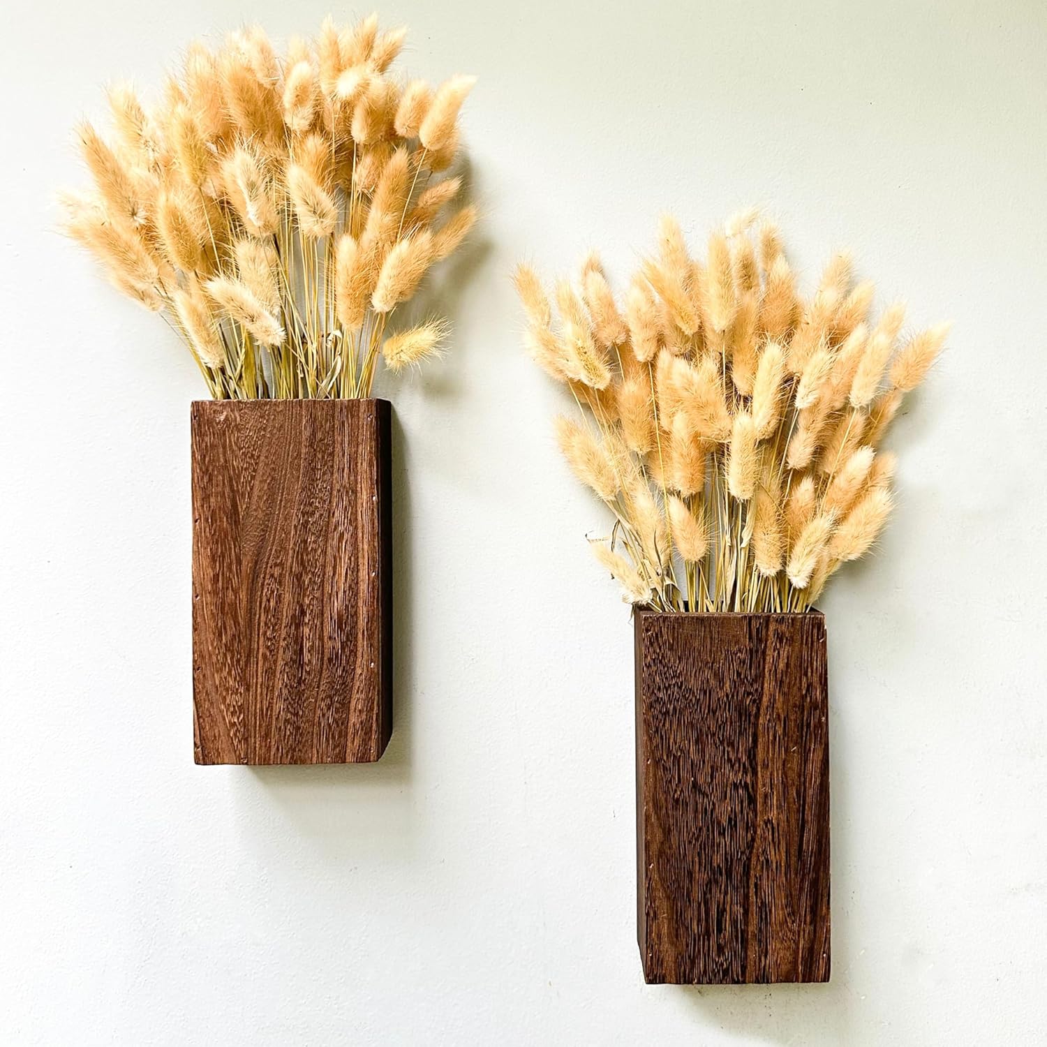 LaLaGreen Wood Wall Planters (8 Inch, 2 Pack) 150 Stalks Rabbit Tail Grass White Dried Flower Wooden Box Vase for Indoor Hanging Planter Modern Rustic Decor Home Living Room Bathroom Trendy Decoration