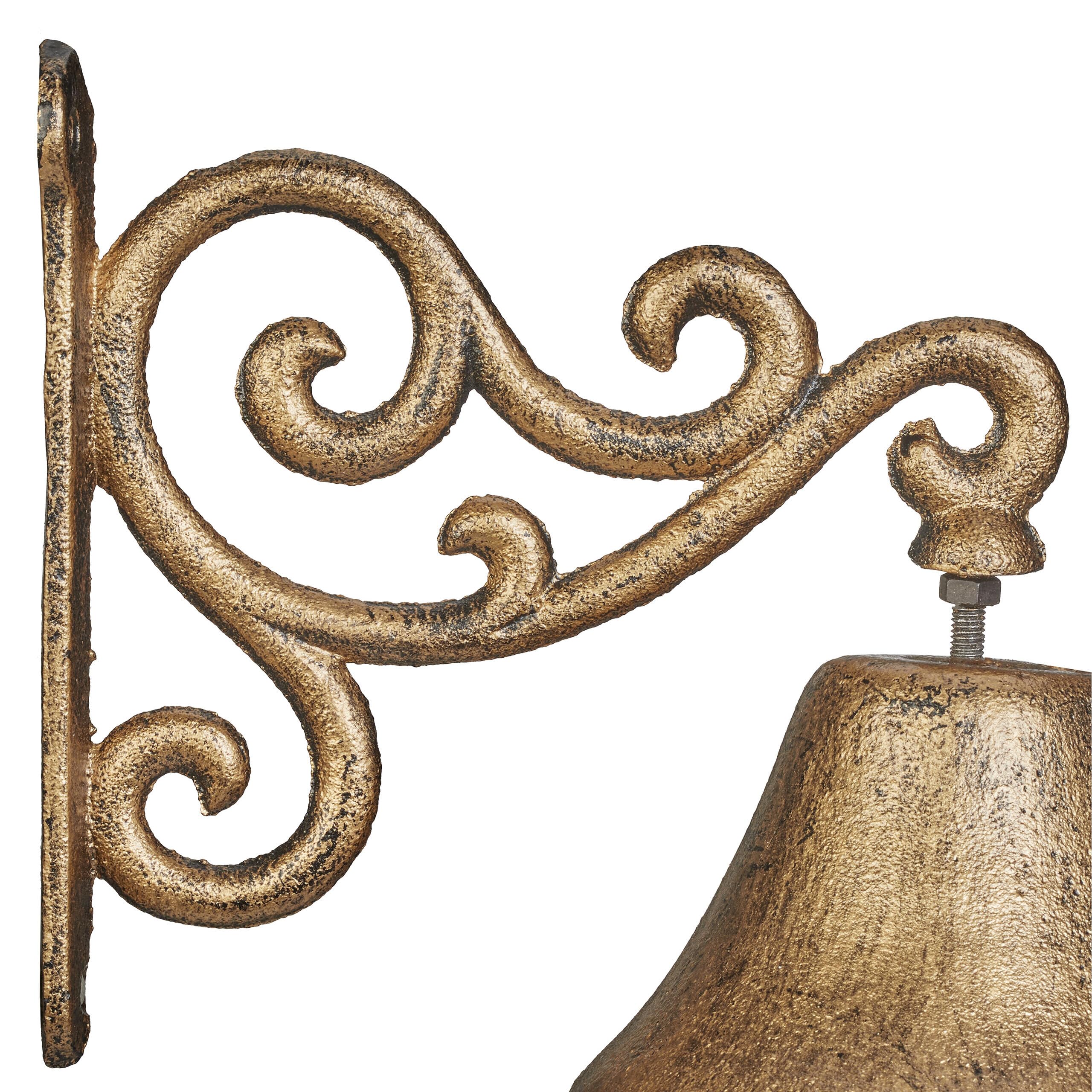 Relaxdays Campanella da Muro in Ghisa, Design Antico, Campana Decorativa con Corda, per Esterni, 15,5x10x17,5 cm, Oro