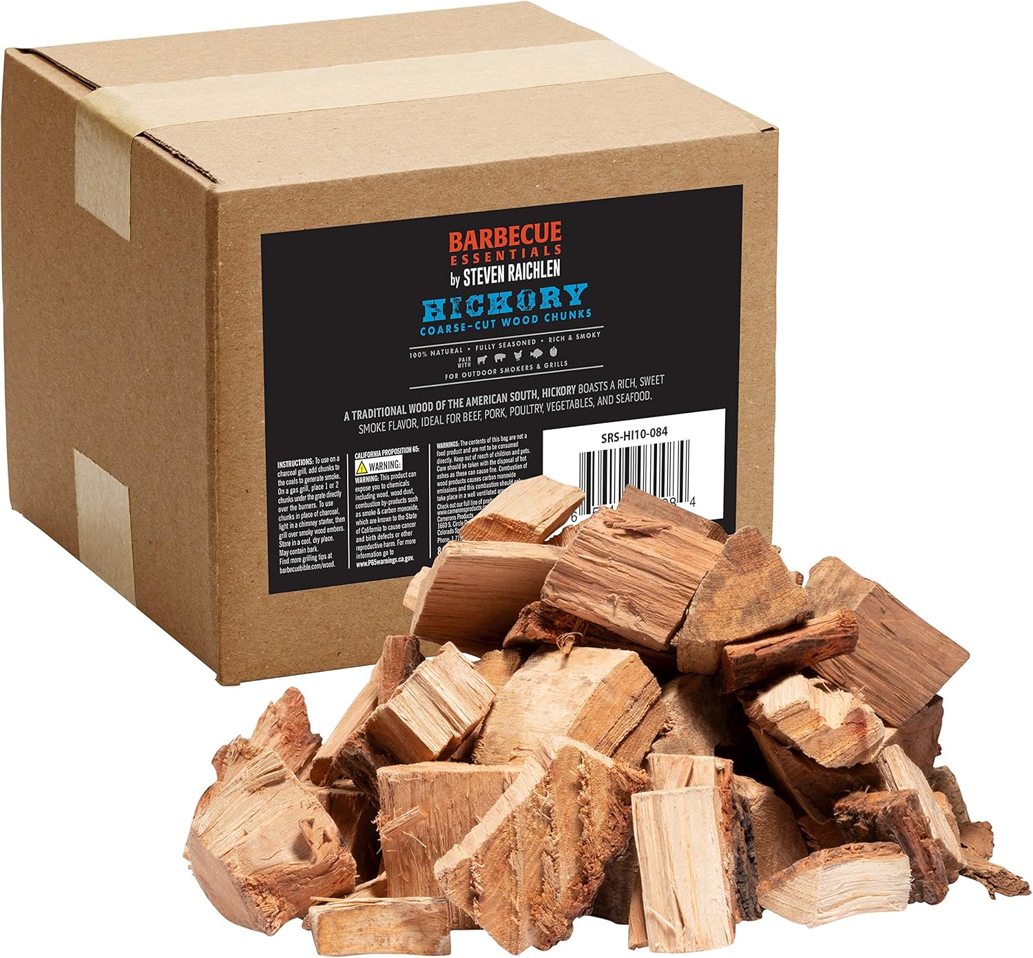 Steven Raichlen All Natural Hickory Wood Chunks for Smoking Meat -840 Cu. In. Box, Approx 10 Lbs - Kiln Dried Large Cut BBQ Wood Chips for Smoker - Barbecue Smoker Accessories - Grilling Gifts for Men