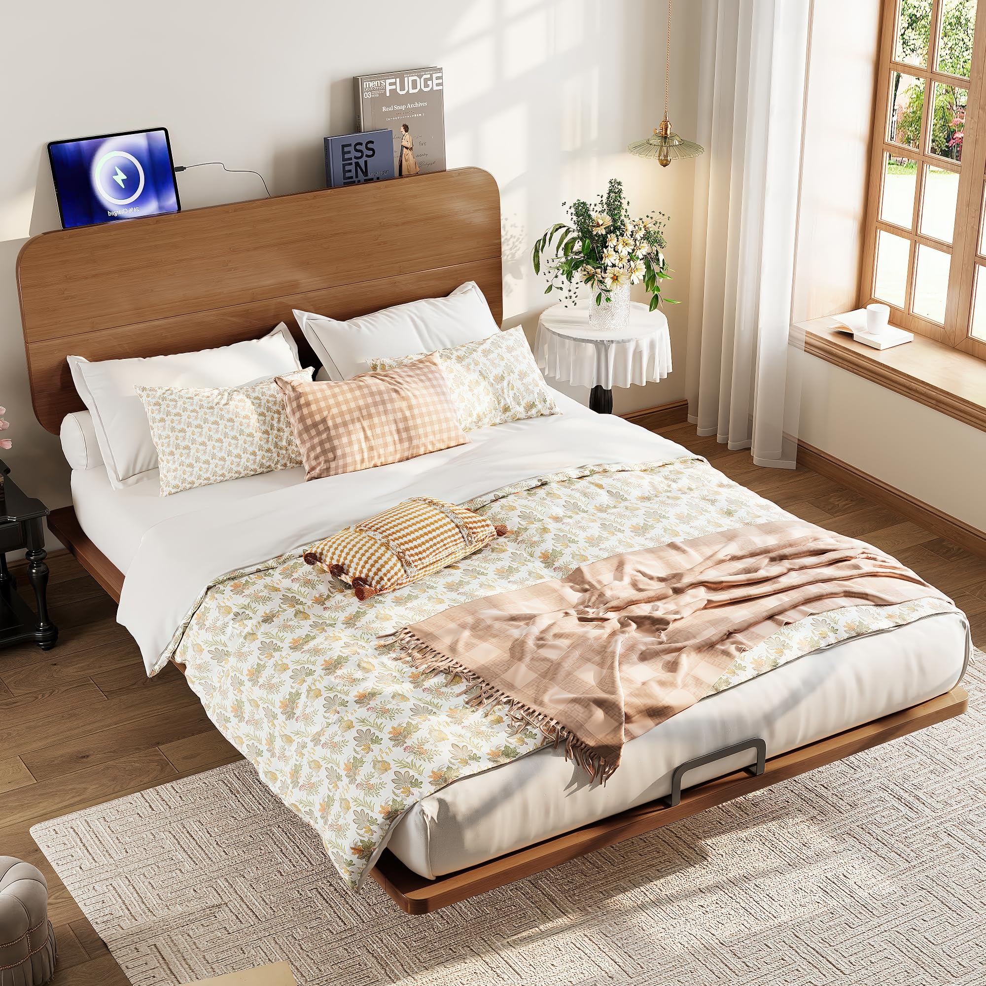 Bellemave Queen Size Bamboo Bed Frame with Headboard,Bamboo Floating Platform Bed Frame Queen Size with Charging Station and Wood Slats,Easy Assembly,Warm Brown