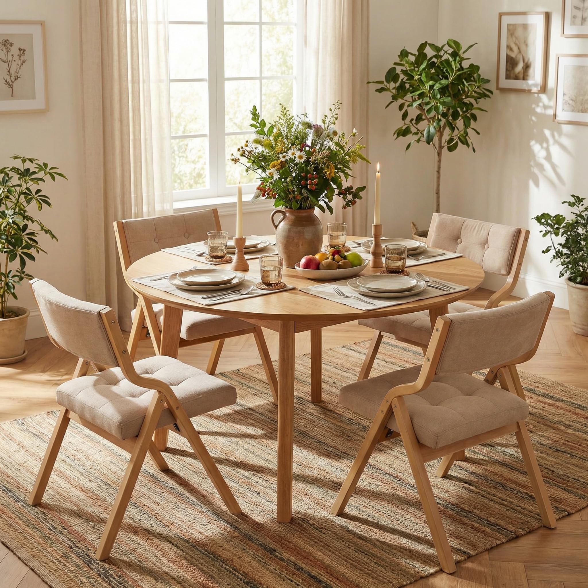 Clevich Chaises Pliantes Tapissées 4pcs, 47 x 55 x 77 cm, chaises Pliantes interieures en Bois, pour Adultes, Style Nordique avec Bois et Tissu Lin, pour invités, Bureau, Mariage et fête, Beige