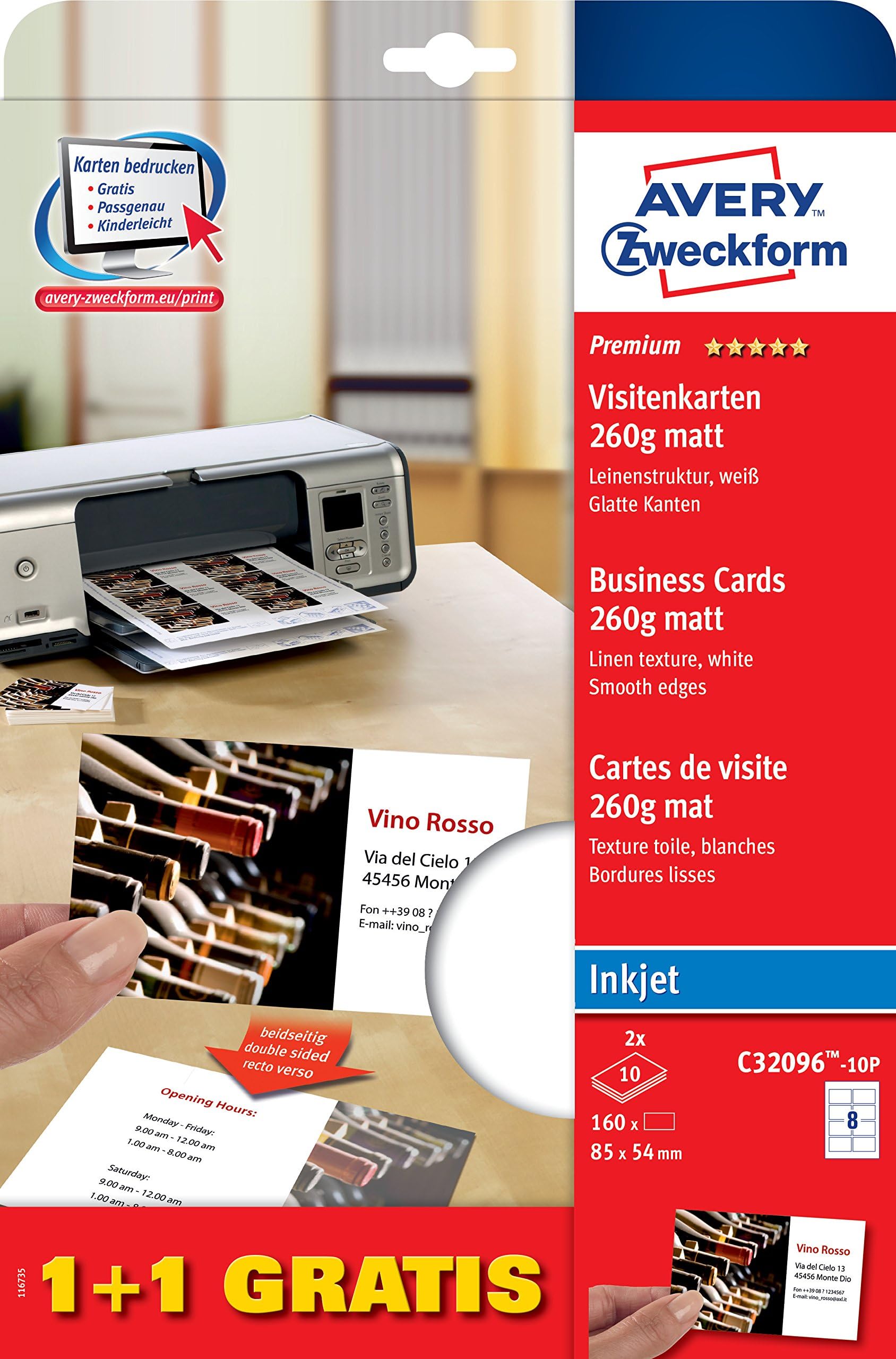 Avery Zweckform C32096-10P Premium Business Cards/Linen Structure / 260 g / 85 x 54 mm / 20 Sheets / 160 Items/White