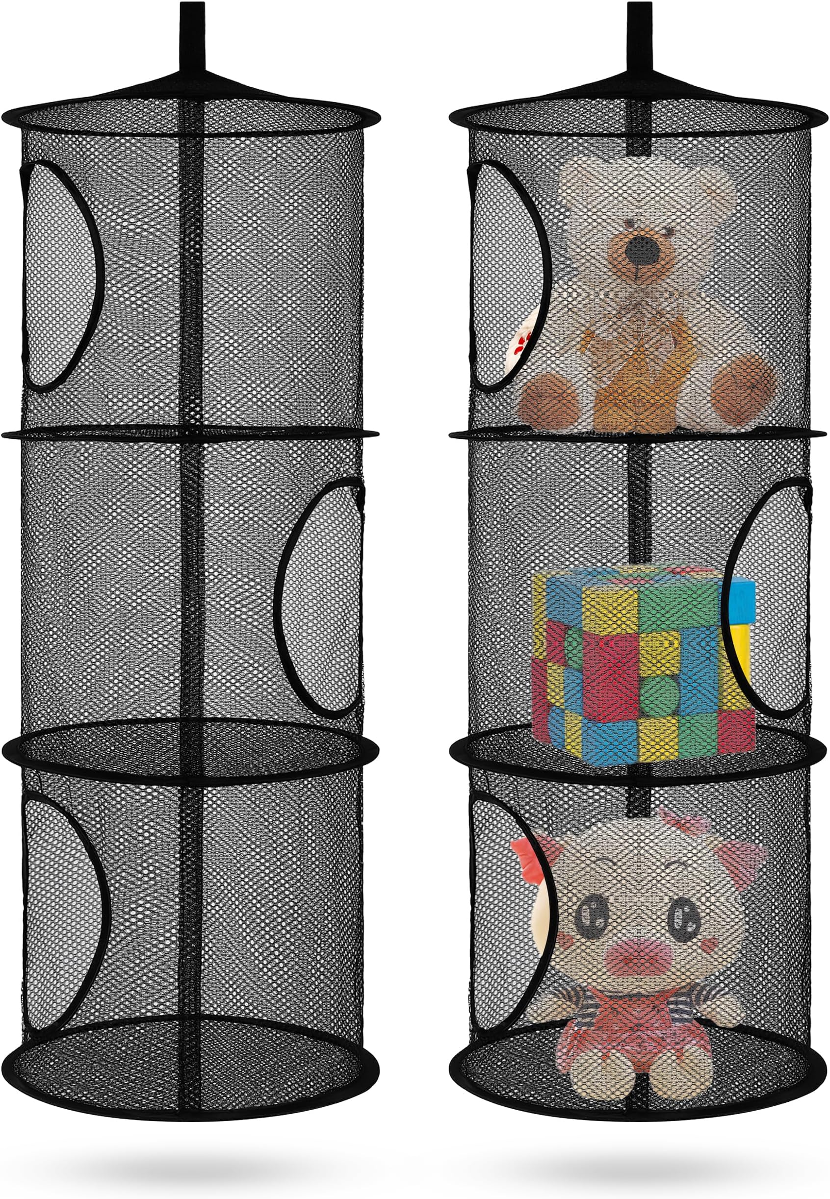 Libeder Mesh Hanging Storage Space Saver Bags Organizer,Foldable Storage Organizer 3 Compartments Toy Storage Basket for Kids Room Bathroom 2 Sets, Black