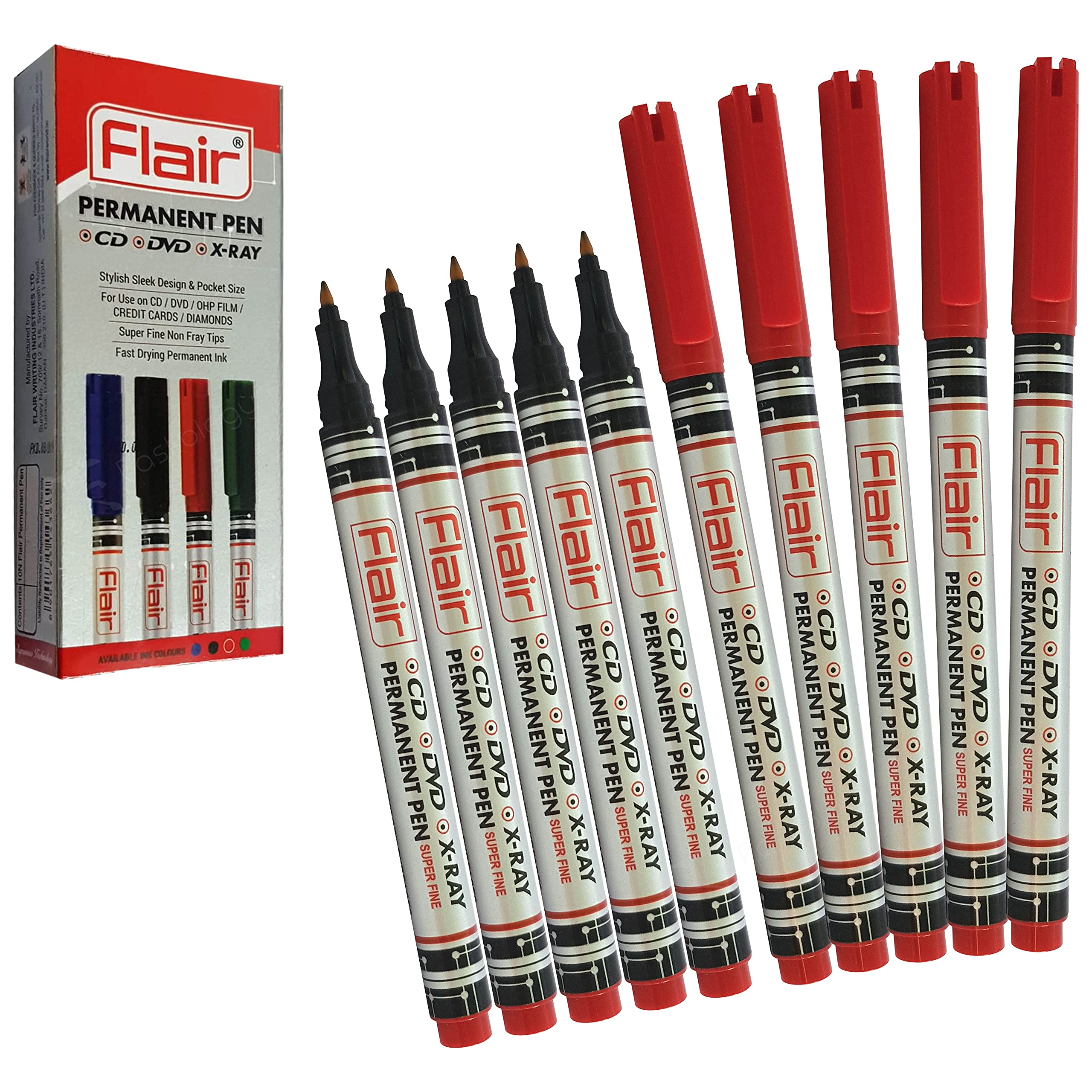 FLAIR SuperX Permanent Markers, Extra Fine, RED, Pack of 10, CD-DVD-OHP Smooth Surface Markers, 1 x PATEL Black Ball Pen