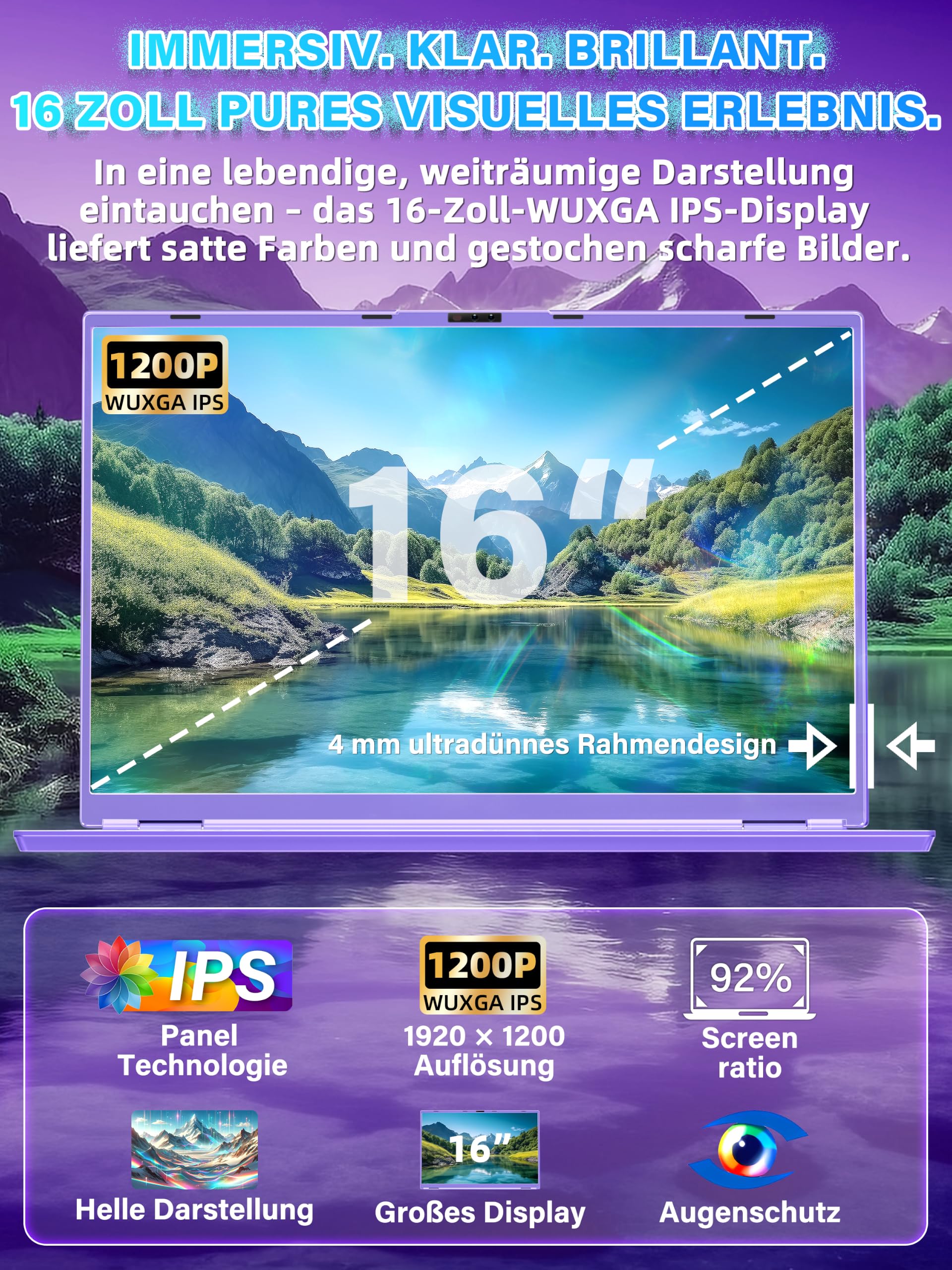 16 Zoll FHD Laptop Lila, 1TB SSD, 16GB DDR4 RAM, Quad-Core N95 CPU