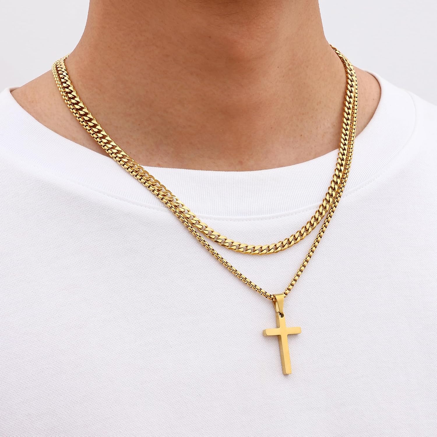 Fiusem Valentines Gifts for Him - 2 Pcs Cross Chain Necklace for Men and Women, Silver/14K Gold Plated/Black Layered Mens Cross Necklaces Stainless Steel Cross Pendant with Cuban Link and Box Chain 16-26 Inch - Image 7