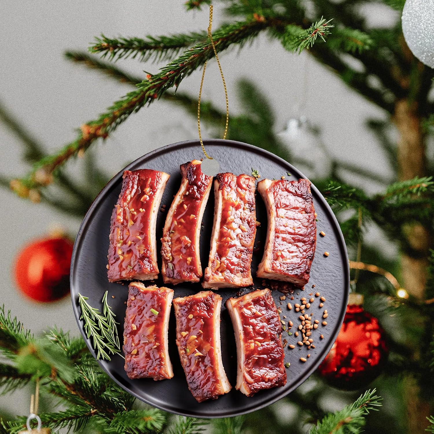 Steak Christmas Ornament Round Foodie Holiday Tree Decoration, Funny Prime Rib Meat Gift for Grill Dads, Barbecue Food Lovers, Carnivores, Chefs (Double Sided Flat Printed Design on Ceramic, Not 3D)