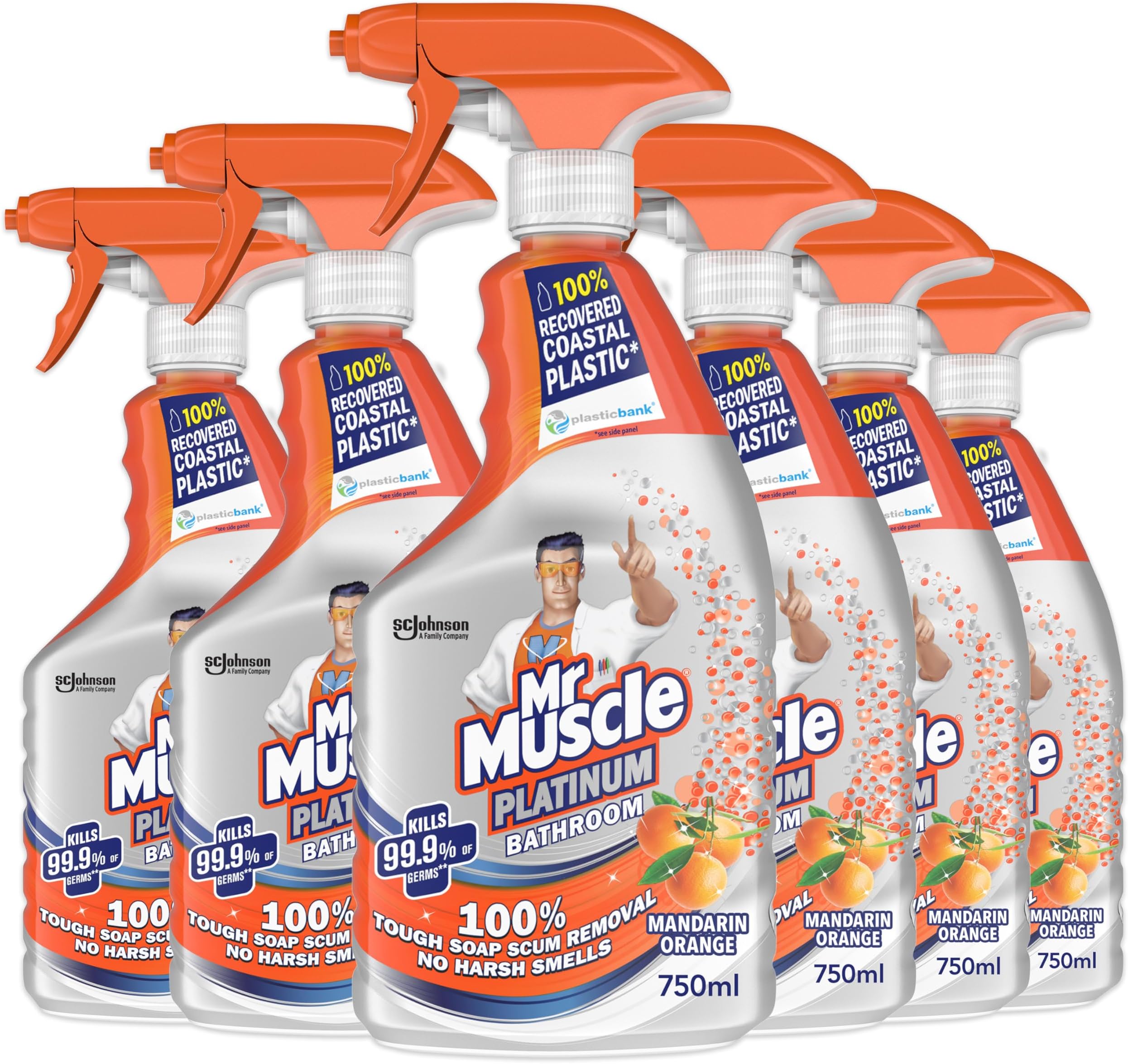 Mr Muscle Bathroom Cleaner, Platinum Antibacterial Bathroom Spray, Mandarin, Pack of 6 (6 x 750ml)