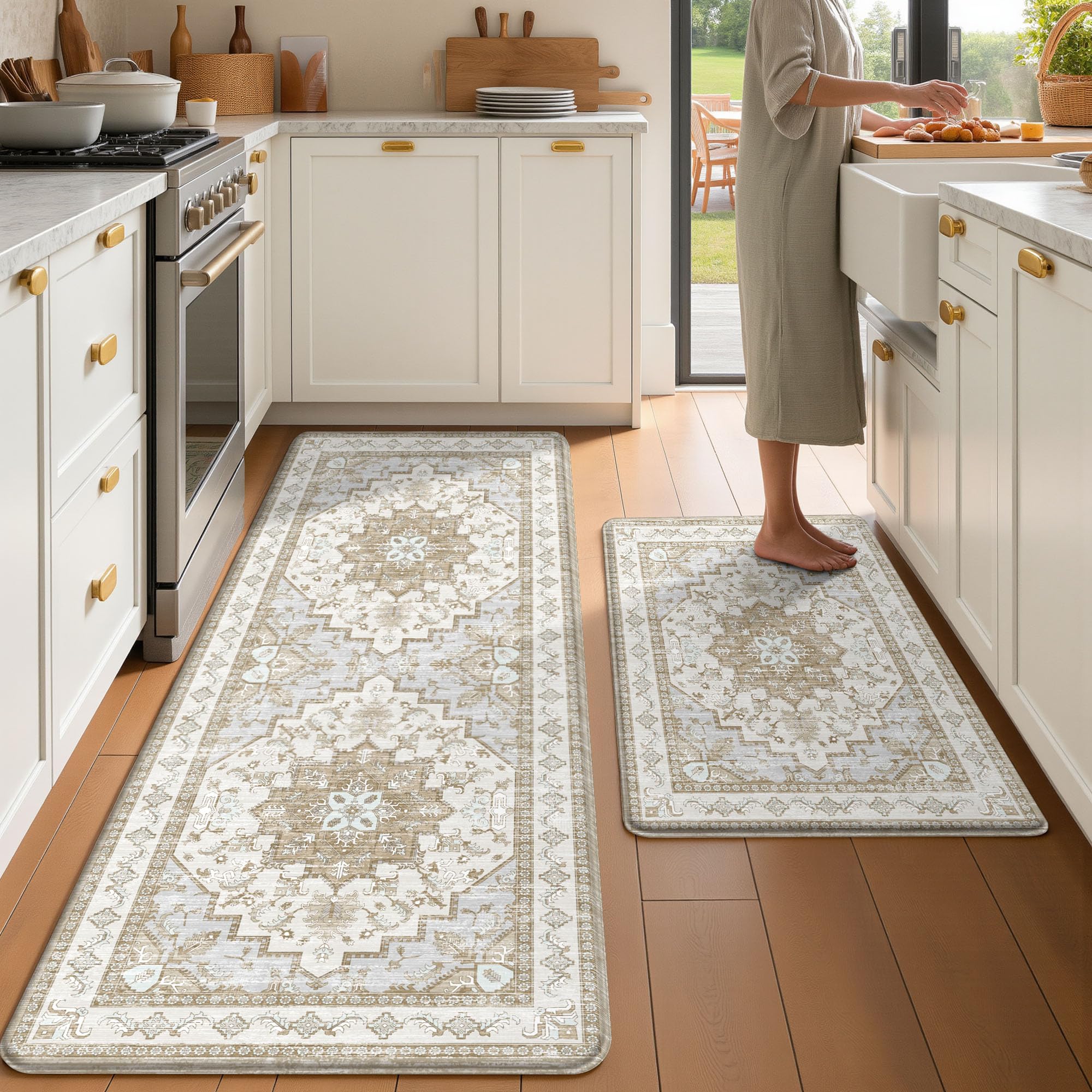 Boho Kitchen Mats - Beige Tan, Anti-Fatigue Rugs -29 Boho Kitchen Mats - Beige Tan, Anti-Fatigue Rugs -29